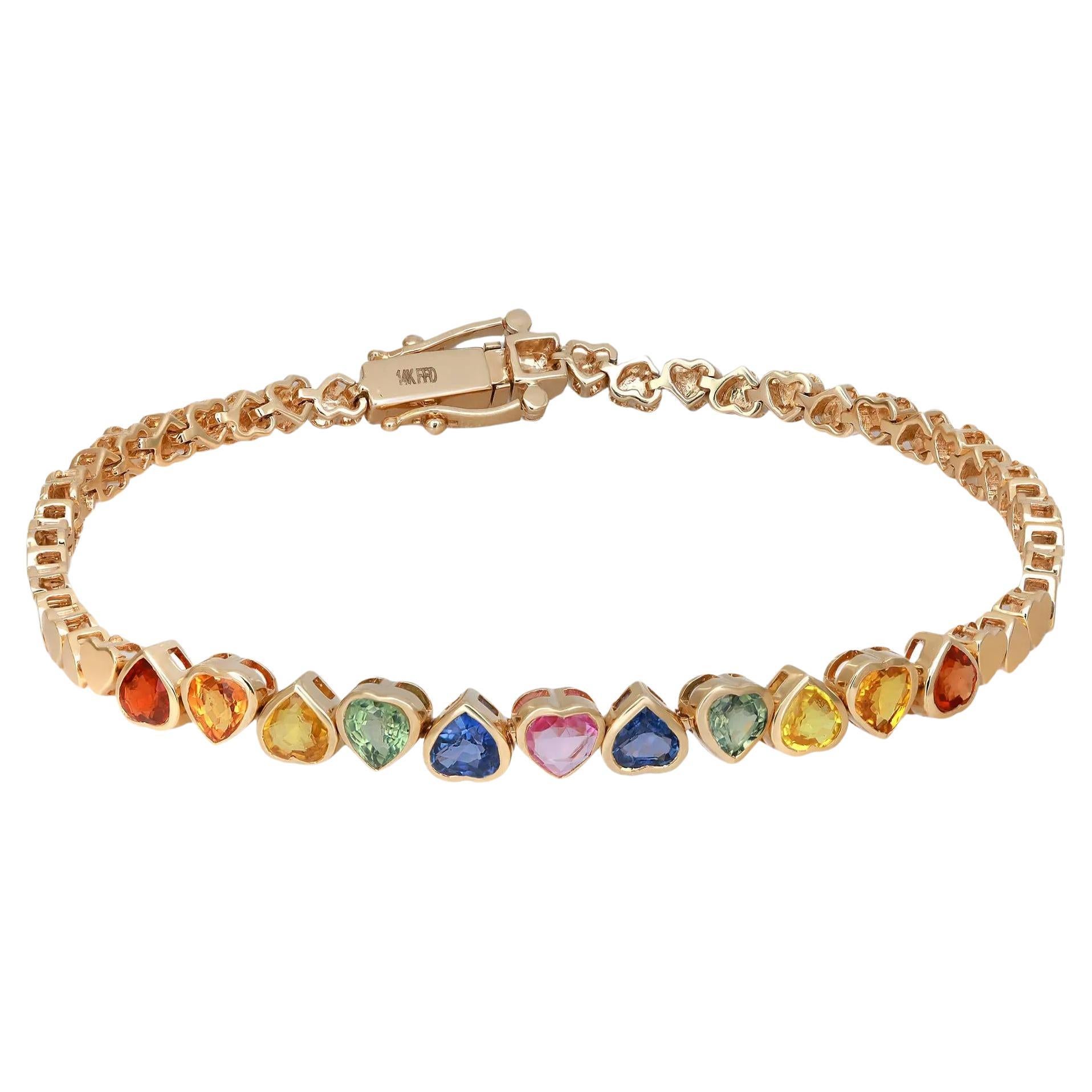 Natural Sapphire Rainbow Heart Shape Tennis Bracelet 14K Yellow Gold 3.50Cttw