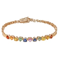 Natural Sapphire Rainbow Heart Shape Tennis Bracelet 14K Yellow Gold 3.50Cttw