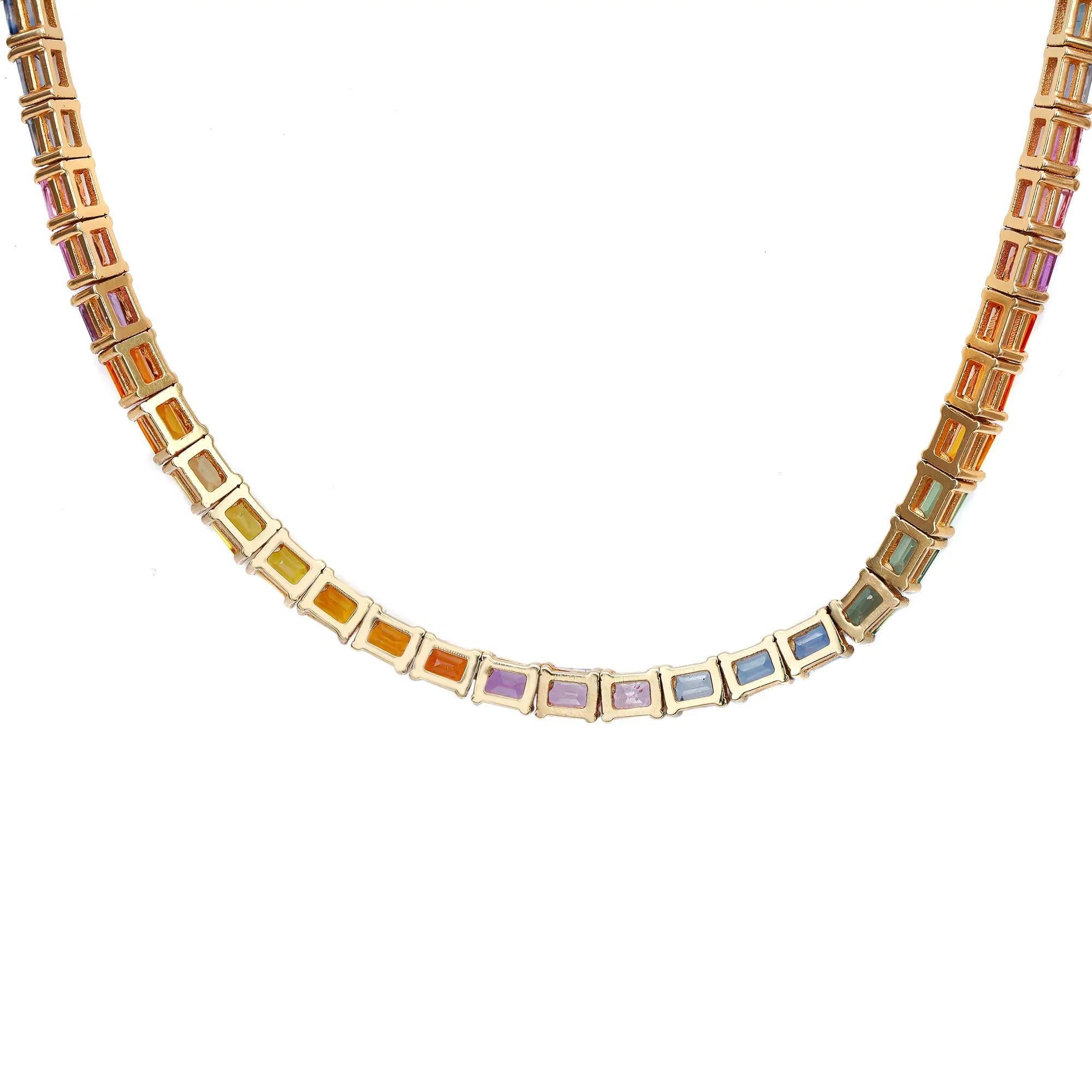 Saphir Regenbogen-Tennis-Halskette 14K Gelbgold 17,5 Zoll (Moderne) im Angebot