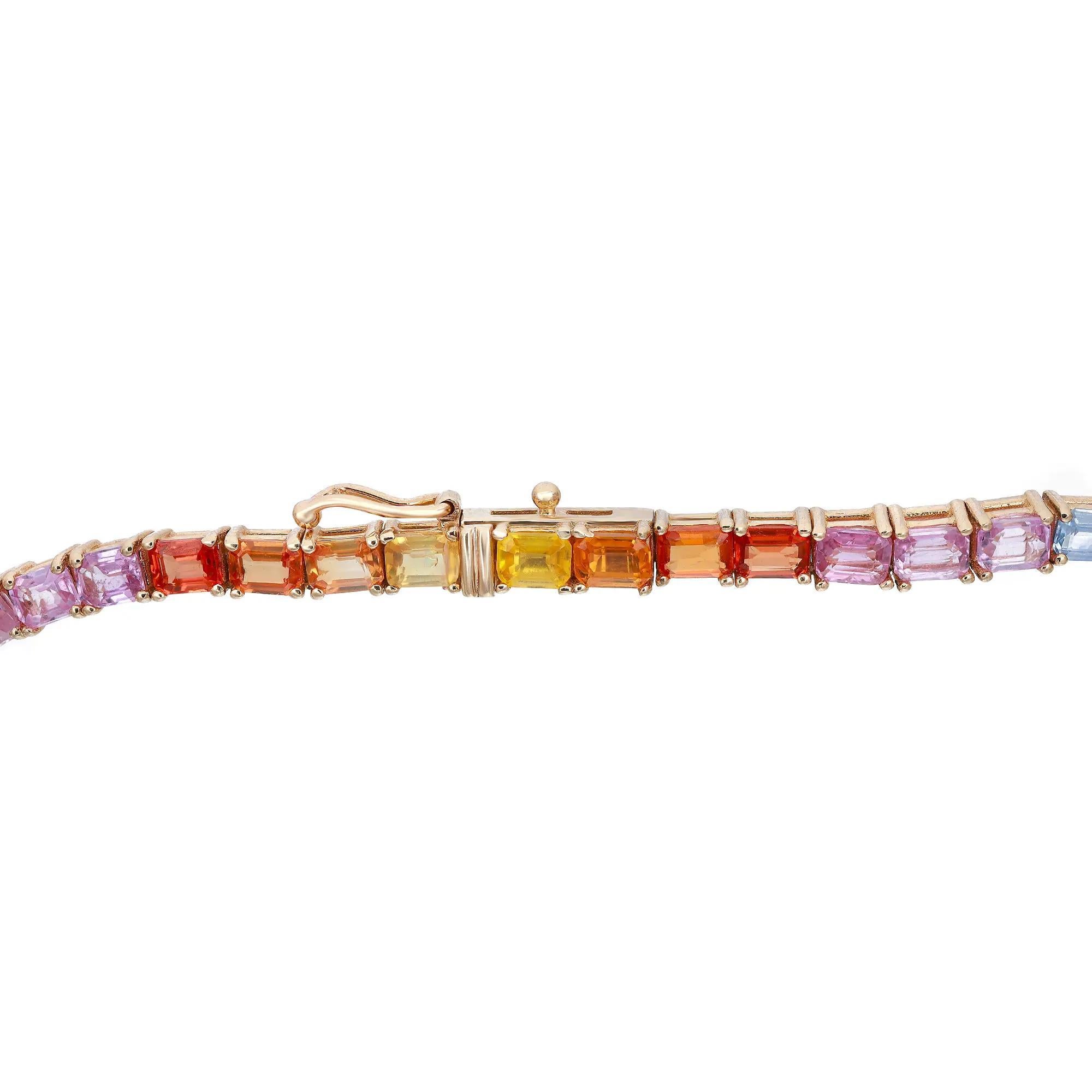 Saphir Regenbogen-Tennis-Halskette 14K Gelbgold 17,5 Zoll (Smaragdschliff) im Angebot