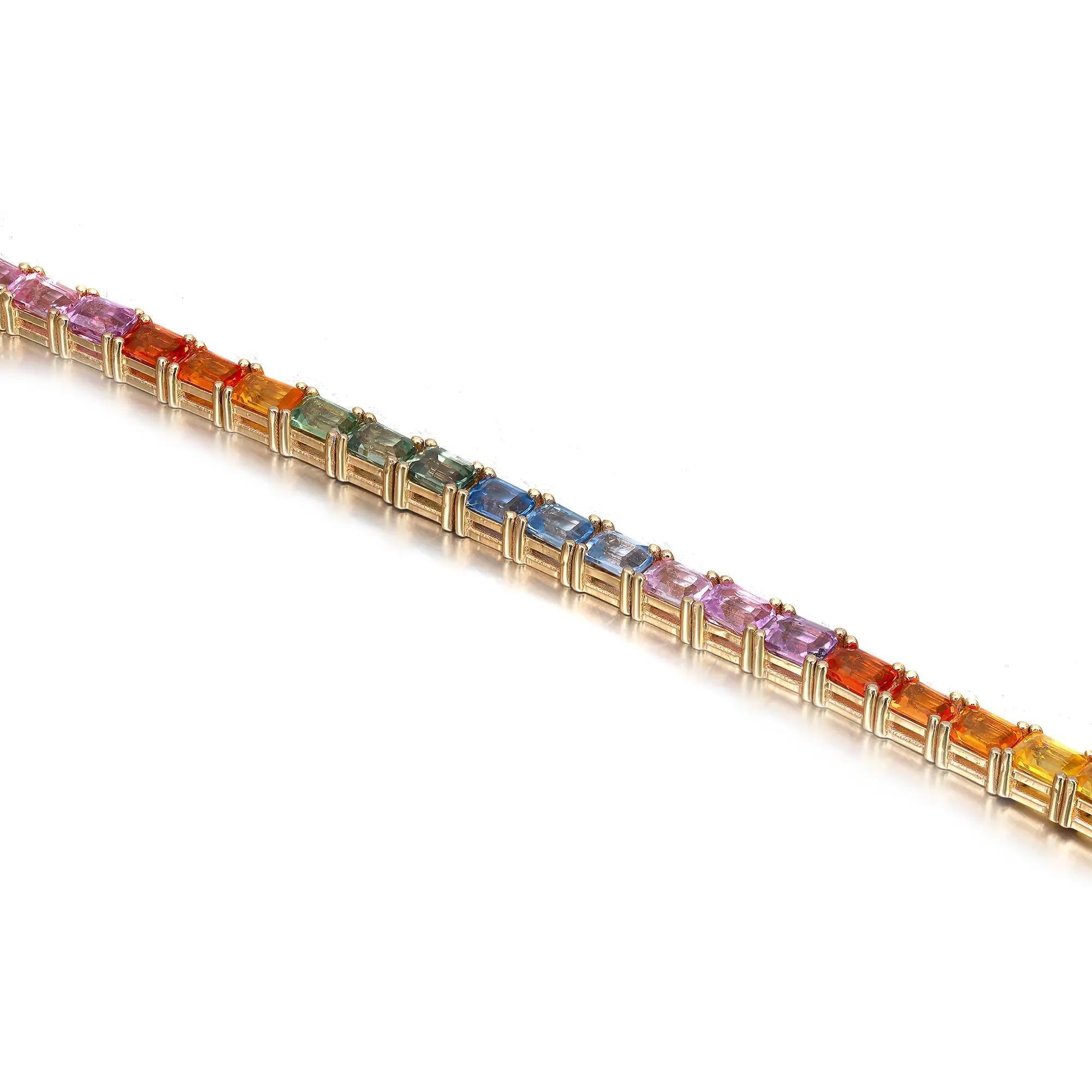 Saphir Regenbogen-Tennis-Halskette 14K Gelbgold 17,5 Zoll im Zustand „Neu“ im Angebot in New York, NY