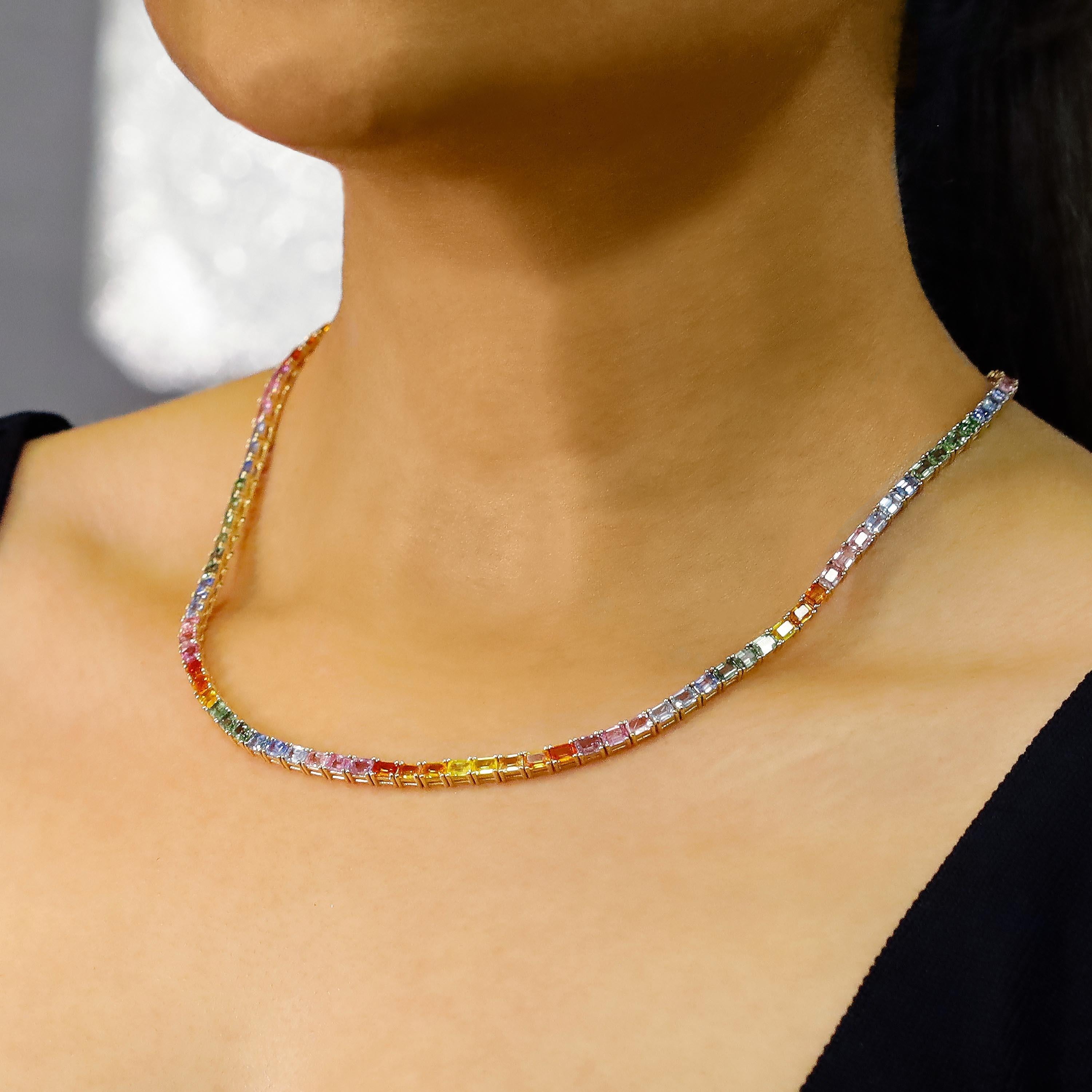 Modern Natural Sapphire Rainbow Tennis Necklace 14K Yellow Gold 17.5 Inches For Sale