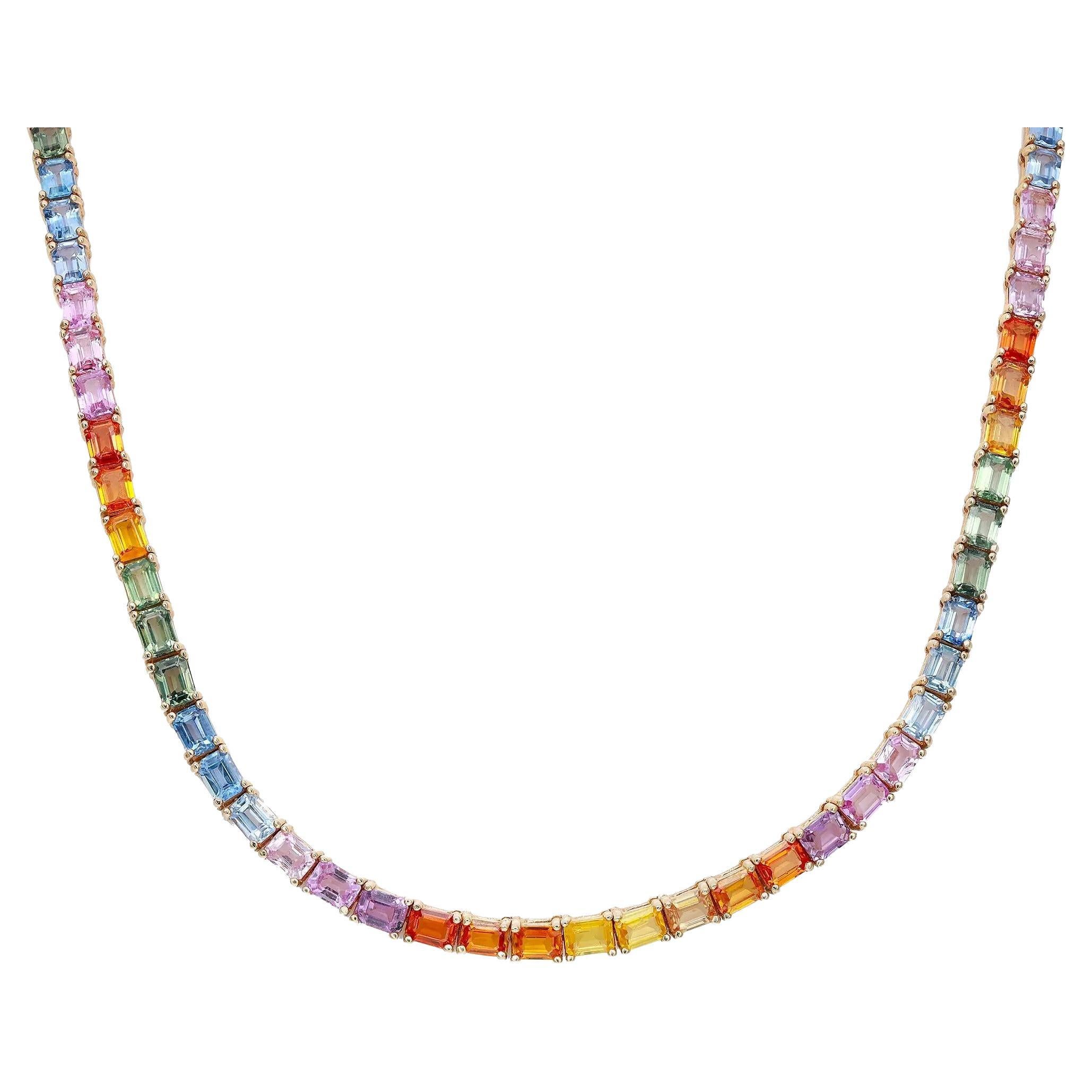 Natural Sapphire Rainbow Tennis Necklace 14K Yellow Gold 17.5 Inches For Sale