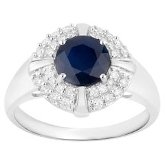 Bague saphir naturel avec diamants 1.66 carats or blanc 10K
