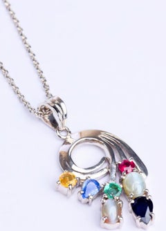  Natural Sapphire Ruby Emerald Catseyes Multigem Necklace Pendant 