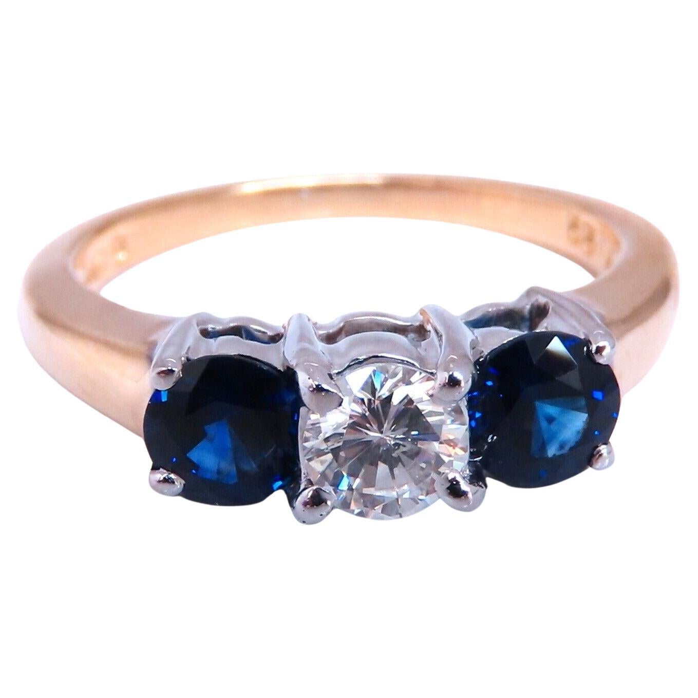 Natural Sapphire Standard Three stone diamond Ring 14kt For Sale