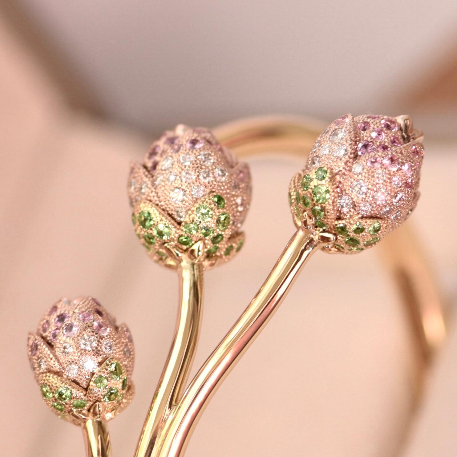 Round Cut Natural Sapphire Tsavorite Diamonds 18 Karat Rose Gold 