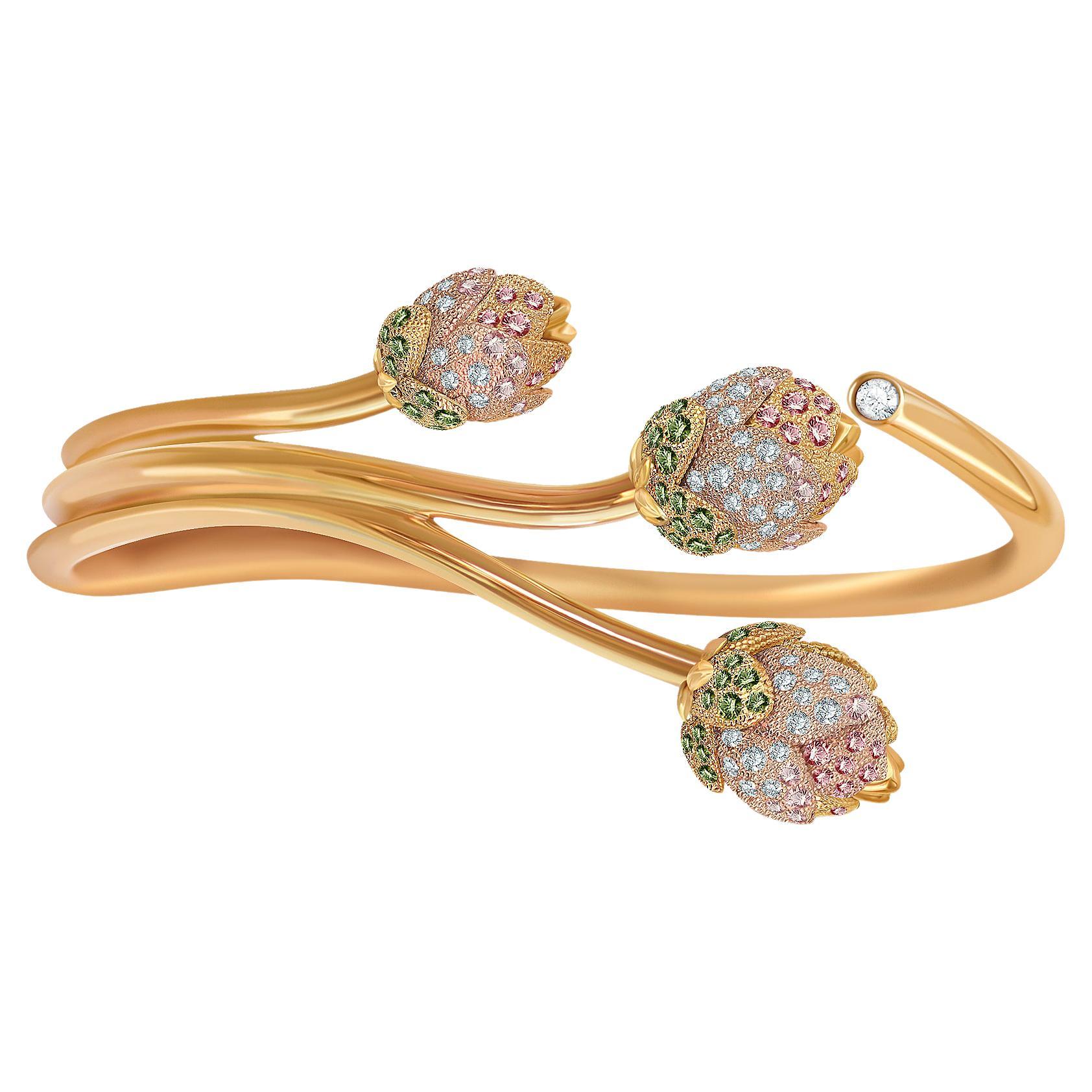 Natural Sapphire Tsavorite Diamonds 18 Karat Rose Gold "Lotus" Bracelet by D&A