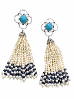 Natural Sapphire, Turquoise, Pearl, & Diamond Earring in 14k Gold