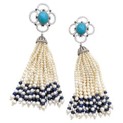 14K Gold Designer Earring with 1.47ct Diamond, Sapphire, and Pearl