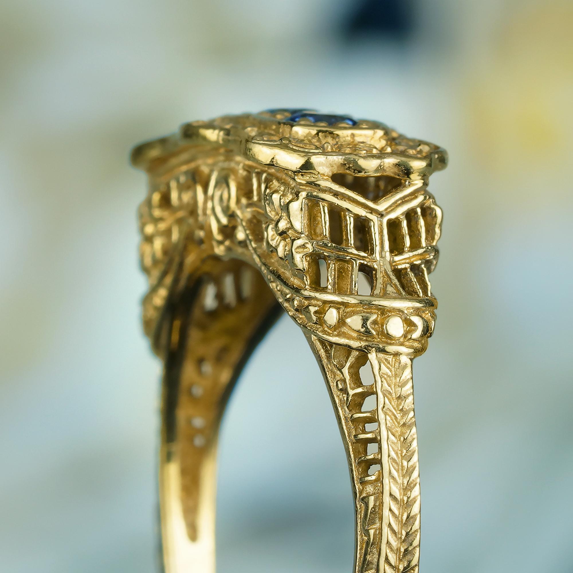 Bague filigrane de style vintage à trois pierres en or jaune 9 carats massif en vente 1