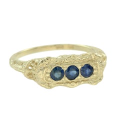 Natural Sapphire Vintage Style Filigree Three Stone Ring in Solid 9K Yellow Gold