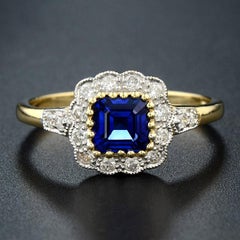 Natural Sapphire with Diamond Vintage Halo Engagement Ring in 14K Yellow Gold