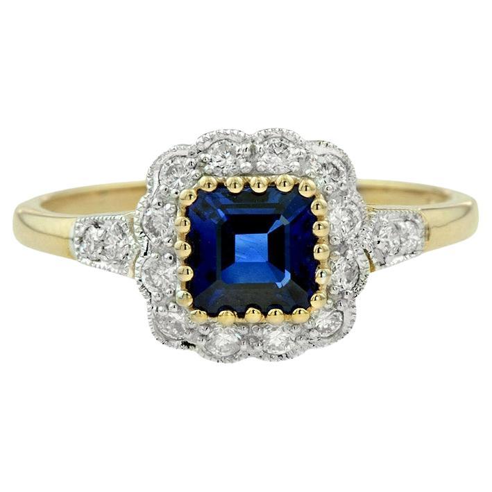 Natürlicher Saphir mit Diamant Vintage Halo Verlobungsring in 14K Gelbgold