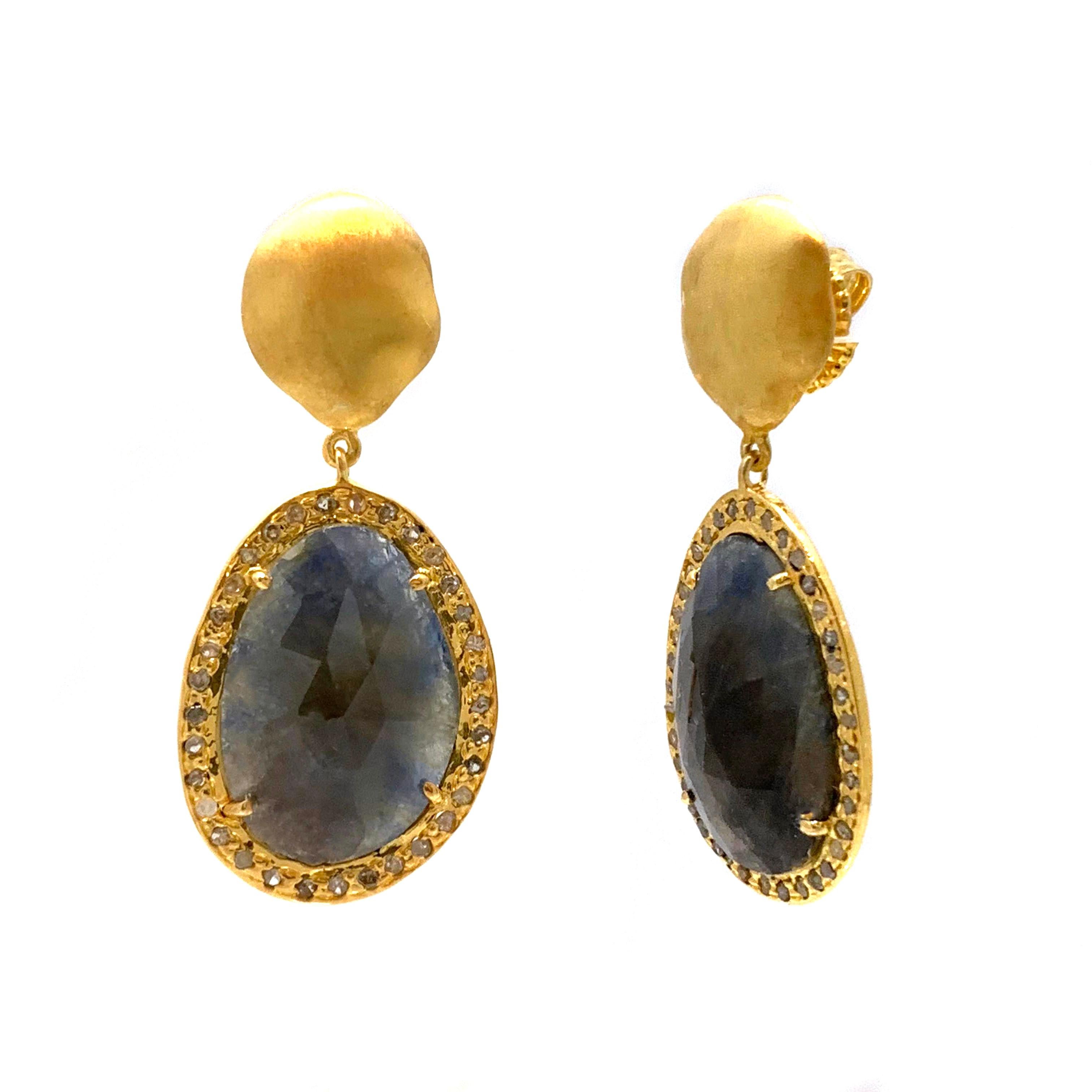 Contemporary Natural Sapphire with Rough Diamond Drop Vermeil Earrings