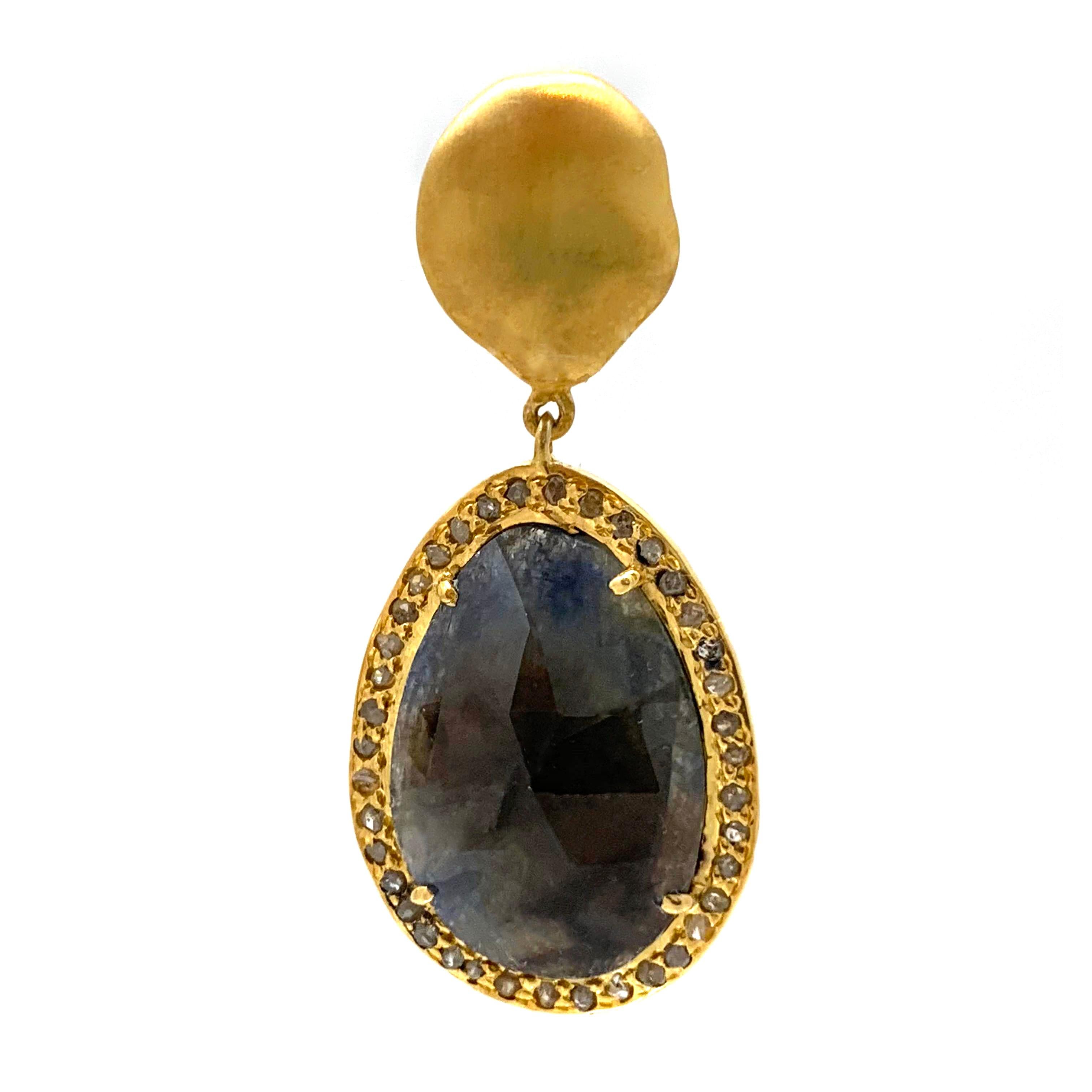 Natural Sapphire with Rough Diamond Drop Vermeil Earrings In New Condition In Los Angeles, CA