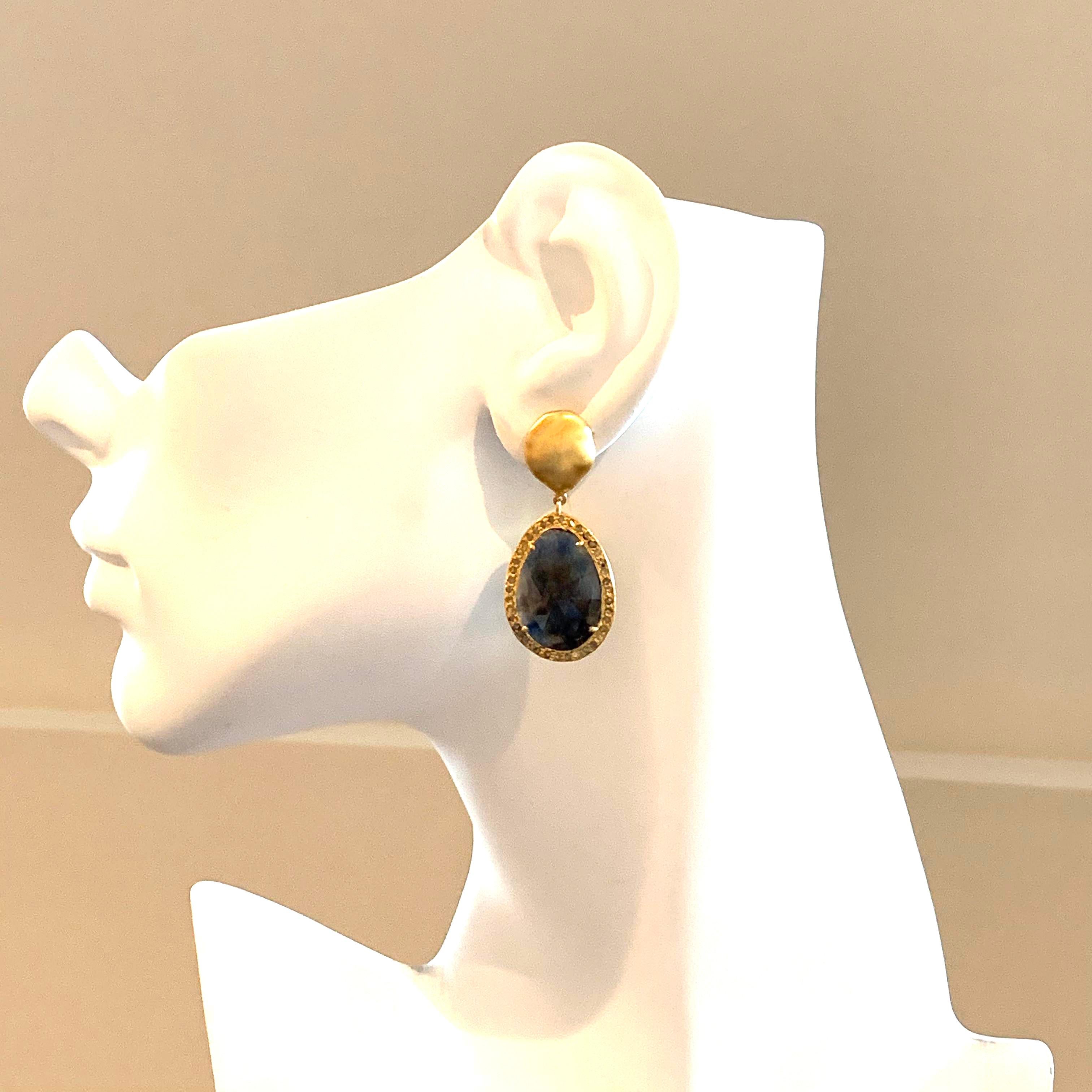 Women's Natural Sapphire with Rough Diamond Drop Vermeil Earrings