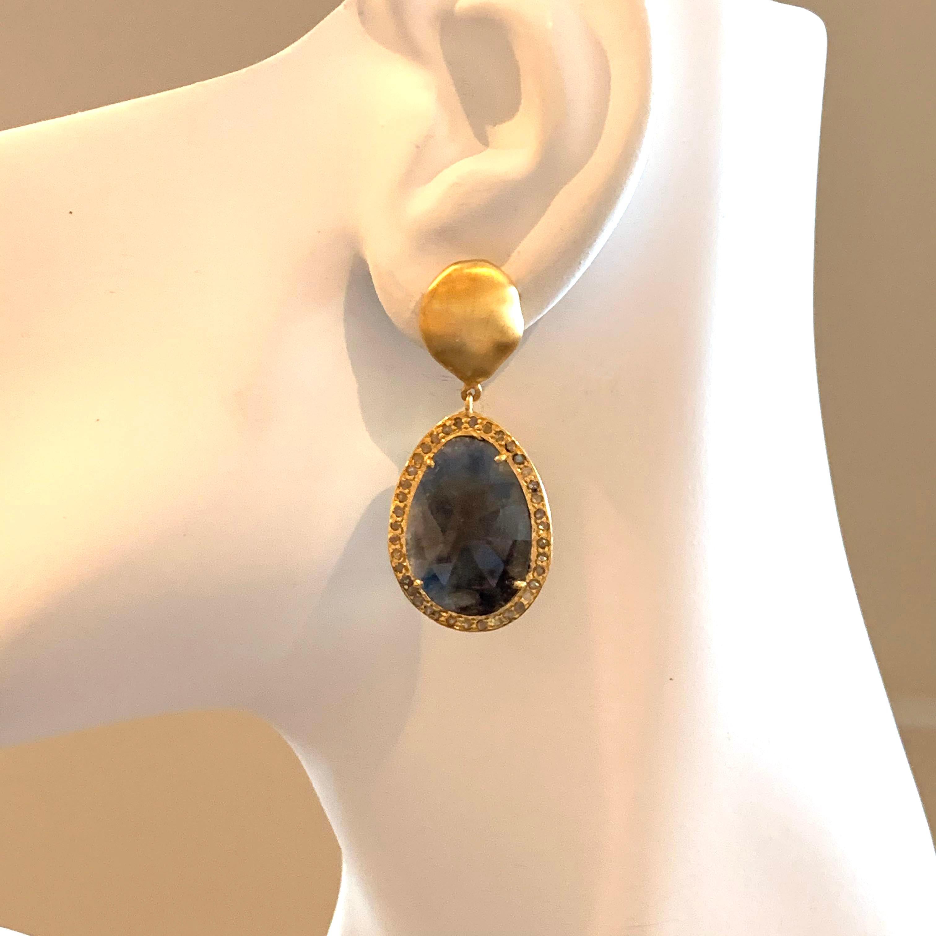 Natural Sapphire with Rough Diamond Drop Vermeil Earrings 1