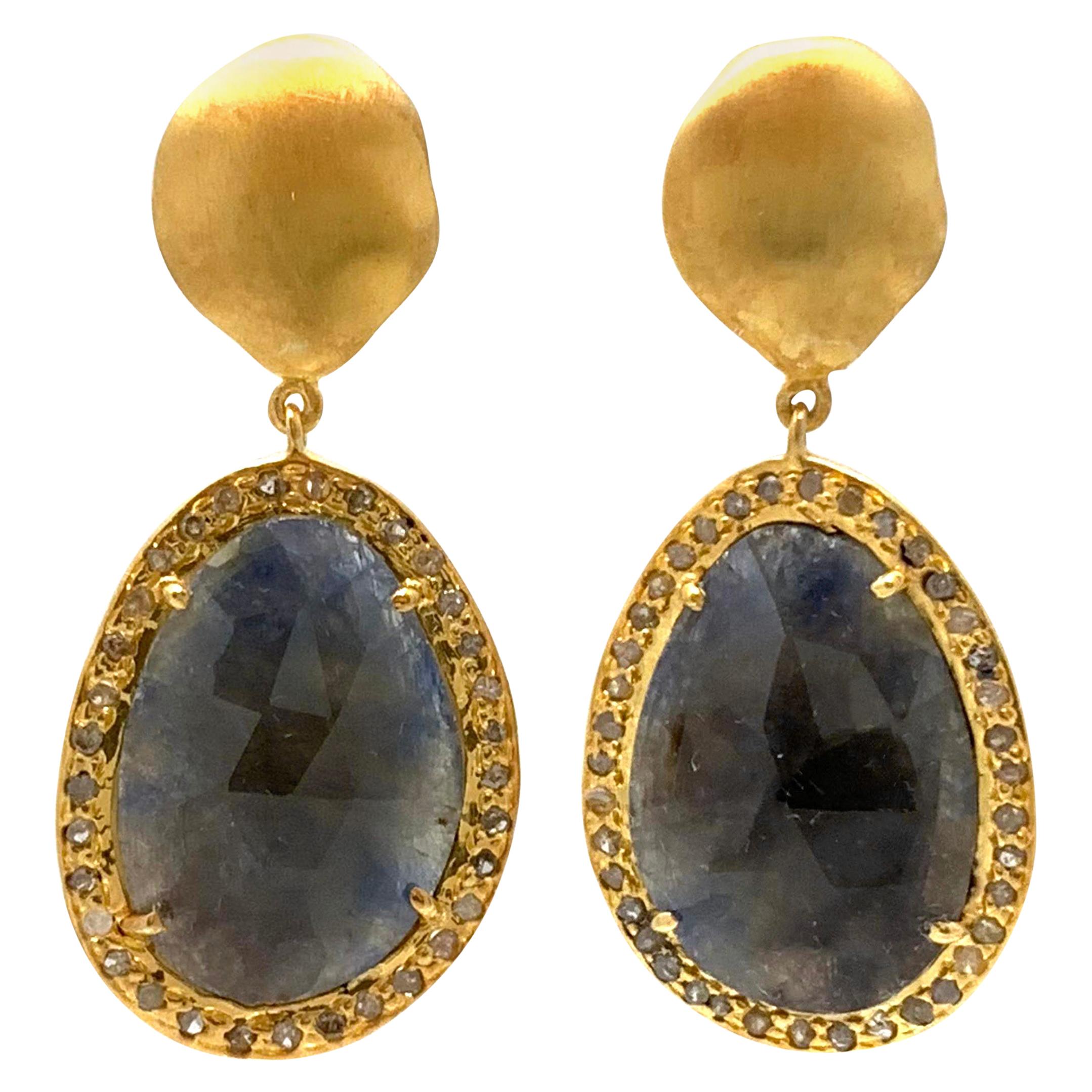 Natural Sapphire with Rough Diamond Drop Vermeil Earrings