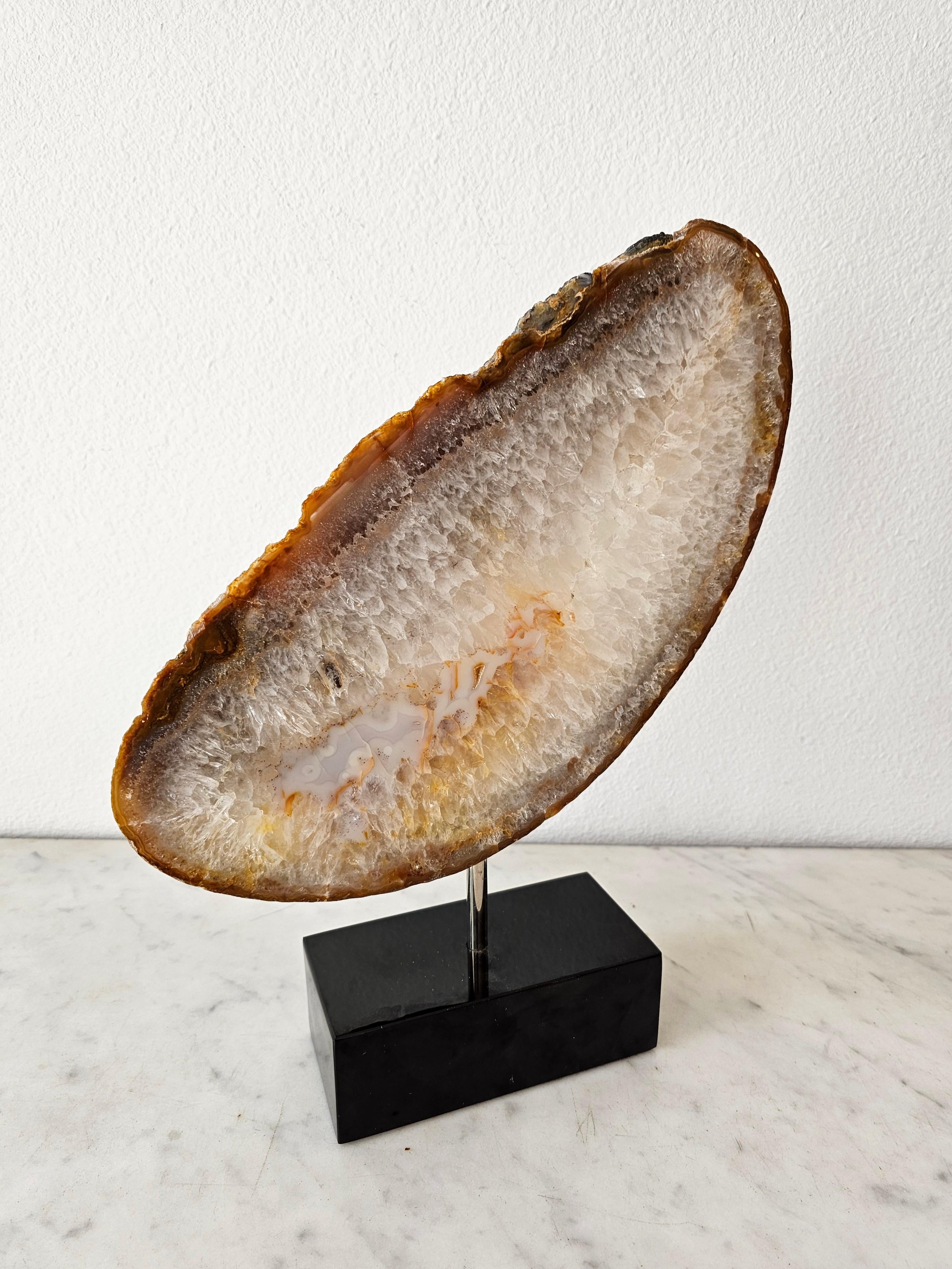Natural Sculptural Geological Agate Slice Specimen On Marble Stand For Sale 4