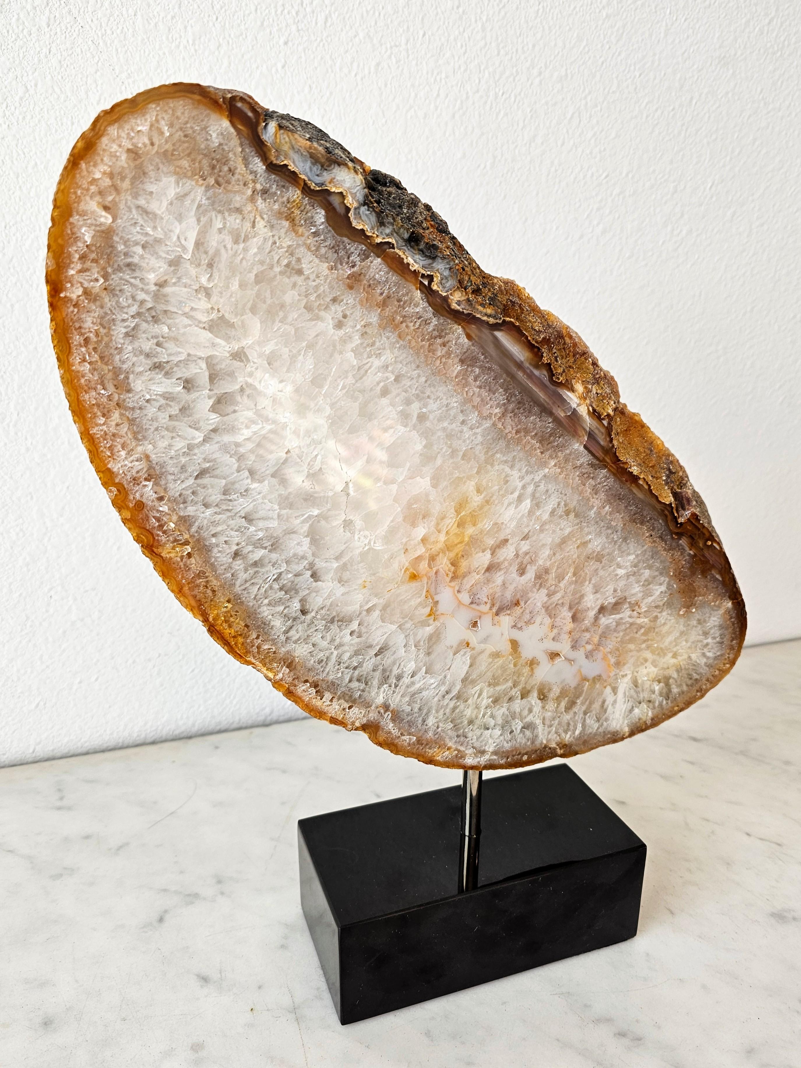 Natural Sculptural Geological Agate Slice Specimen On Marble Stand For Sale 5