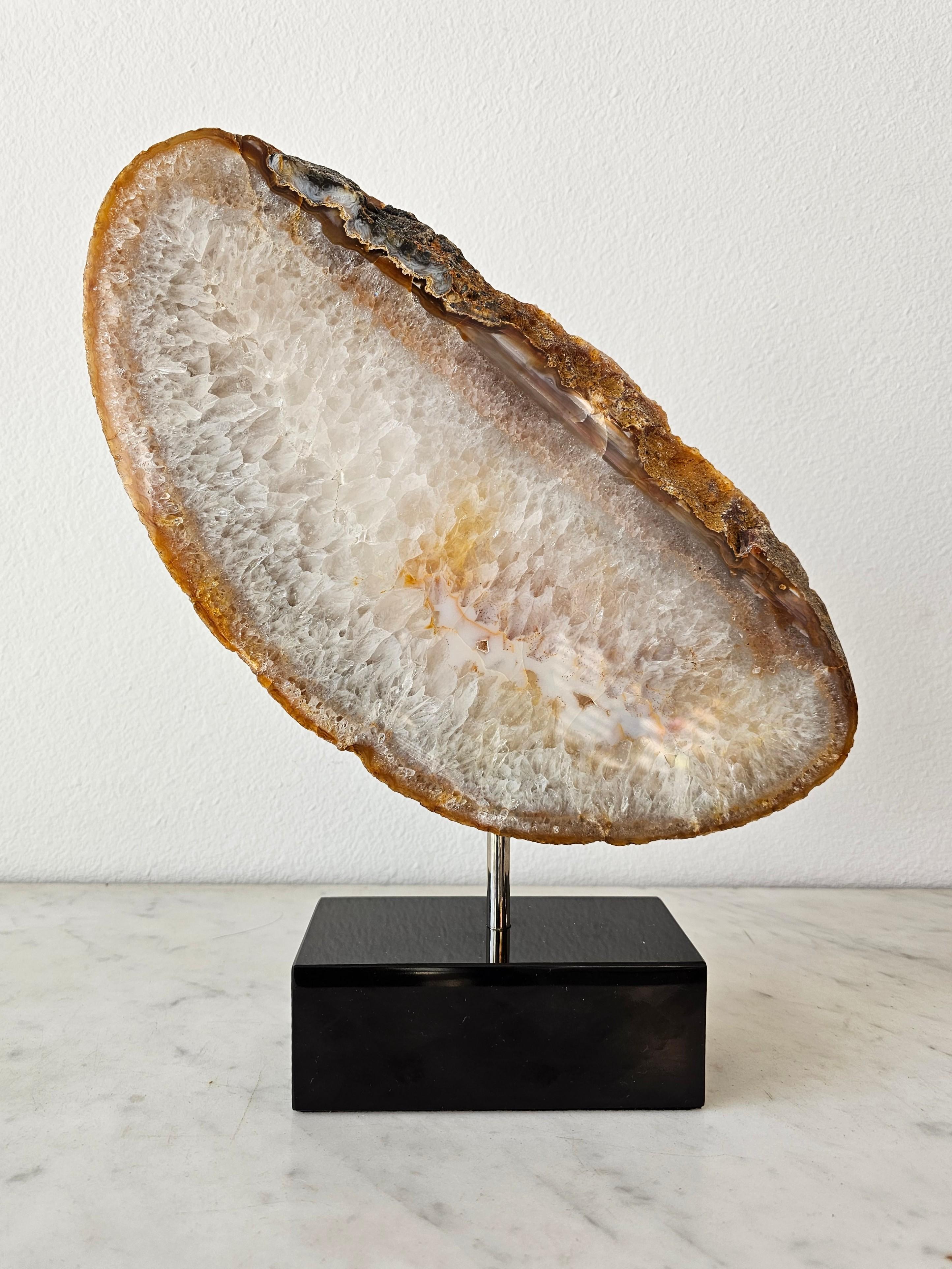 Polished Natural Sculptural Geological Agate Slice Specimen On Marble Stand For Sale