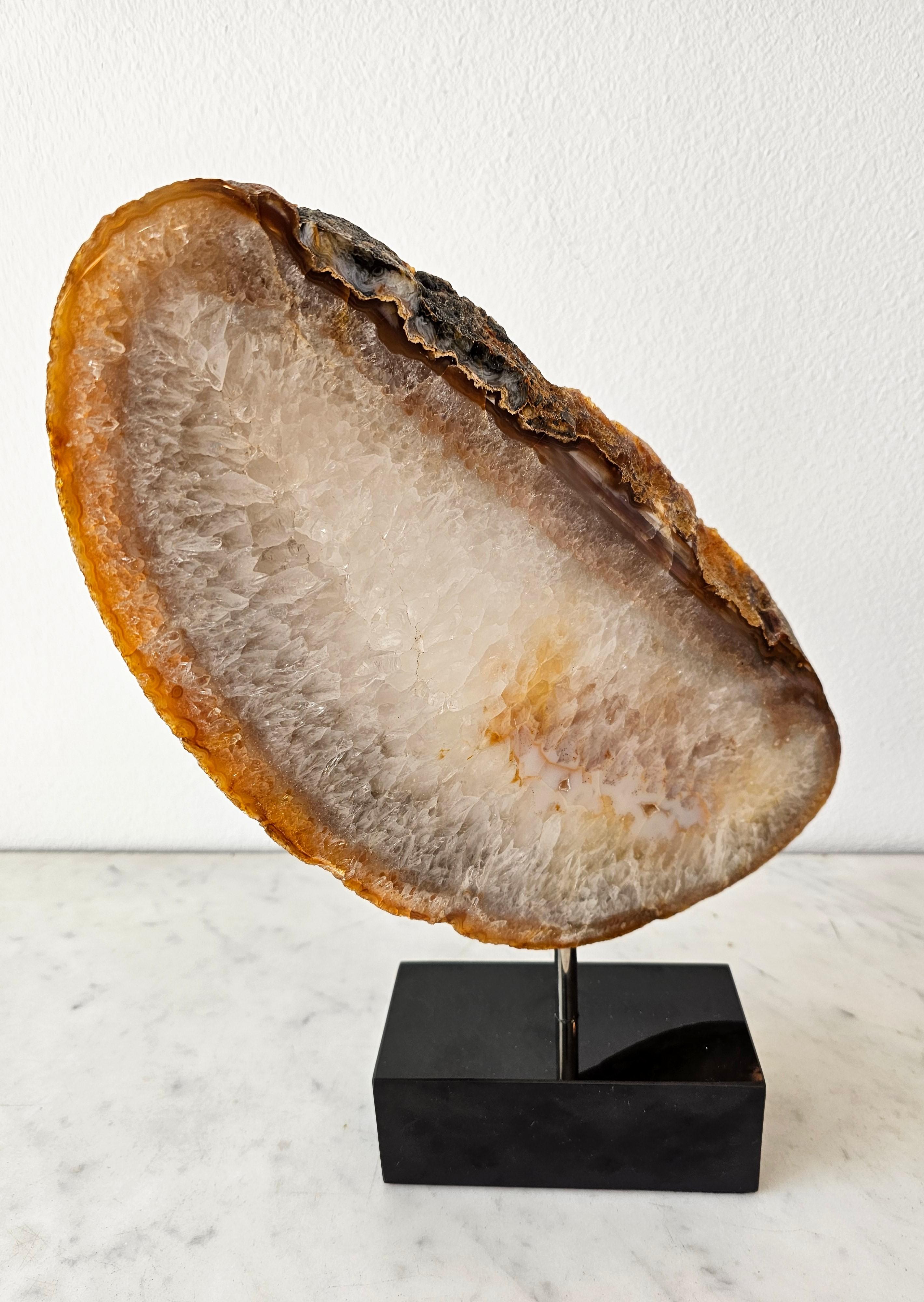 Natural Sculptural Geological Agate Slice Specimen On Marble Stand In Good Condition For Sale In Forney, TX