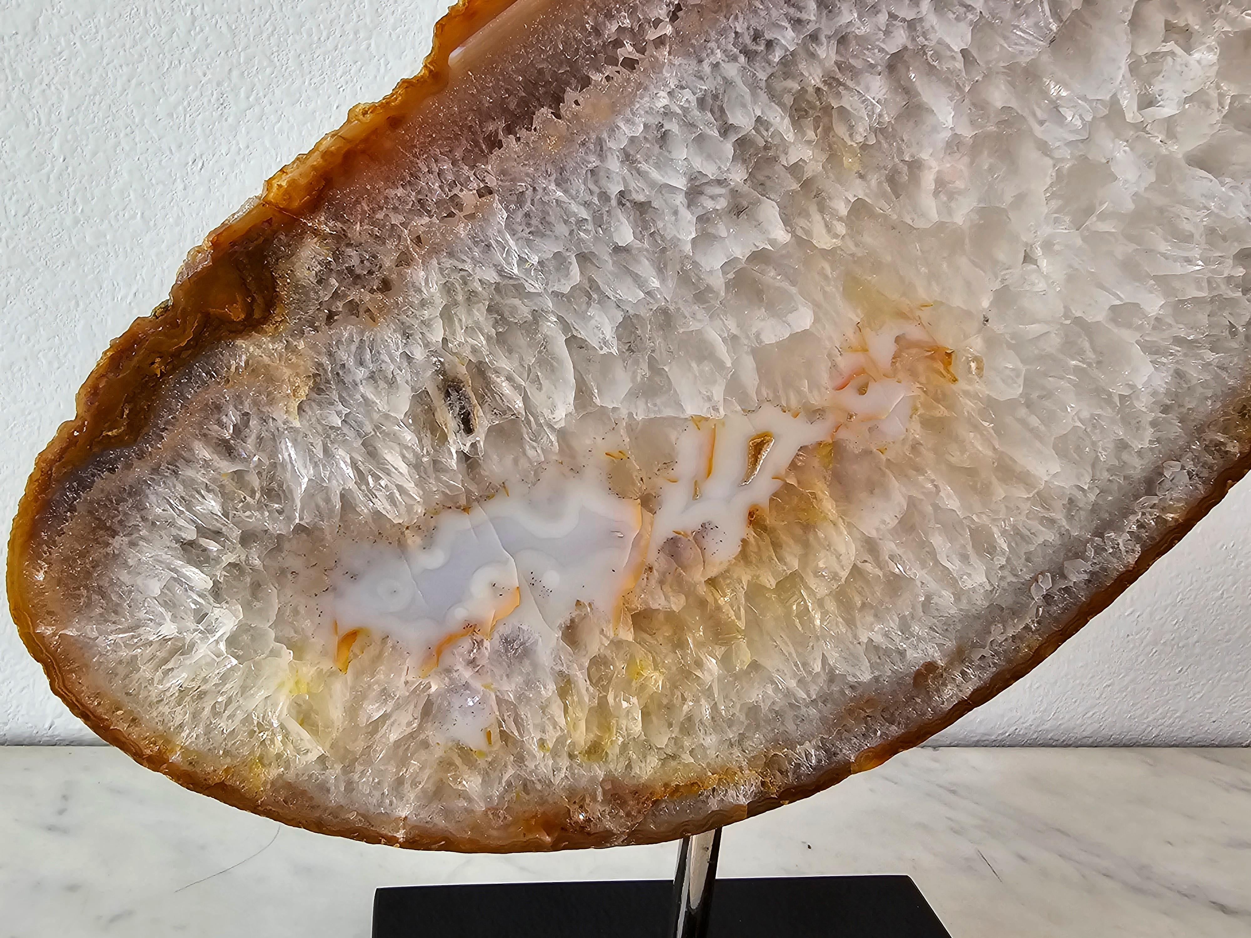 Contemporary Natural Sculptural Geological Agate Slice Specimen On Marble Stand For Sale