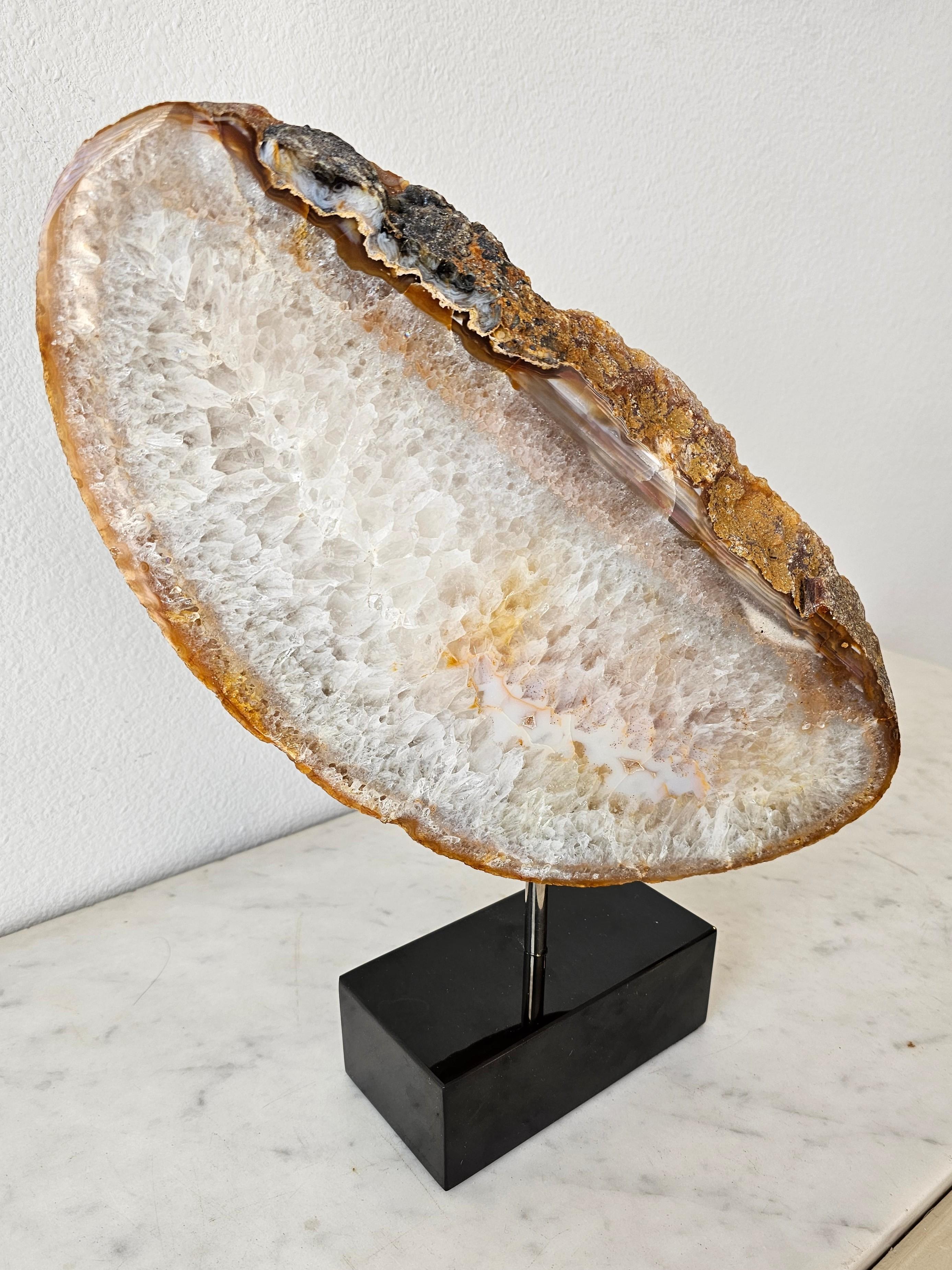 Natural Sculptural Geological Agate Slice Specimen On Marble Stand For Sale 1