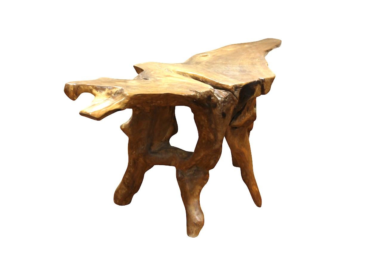 California redwood sculptural root table, perfect as a center foyer table with glass or as an interesting console table. Hand-crafted Beautiful natural organic shape.
Measures: 27 1/2