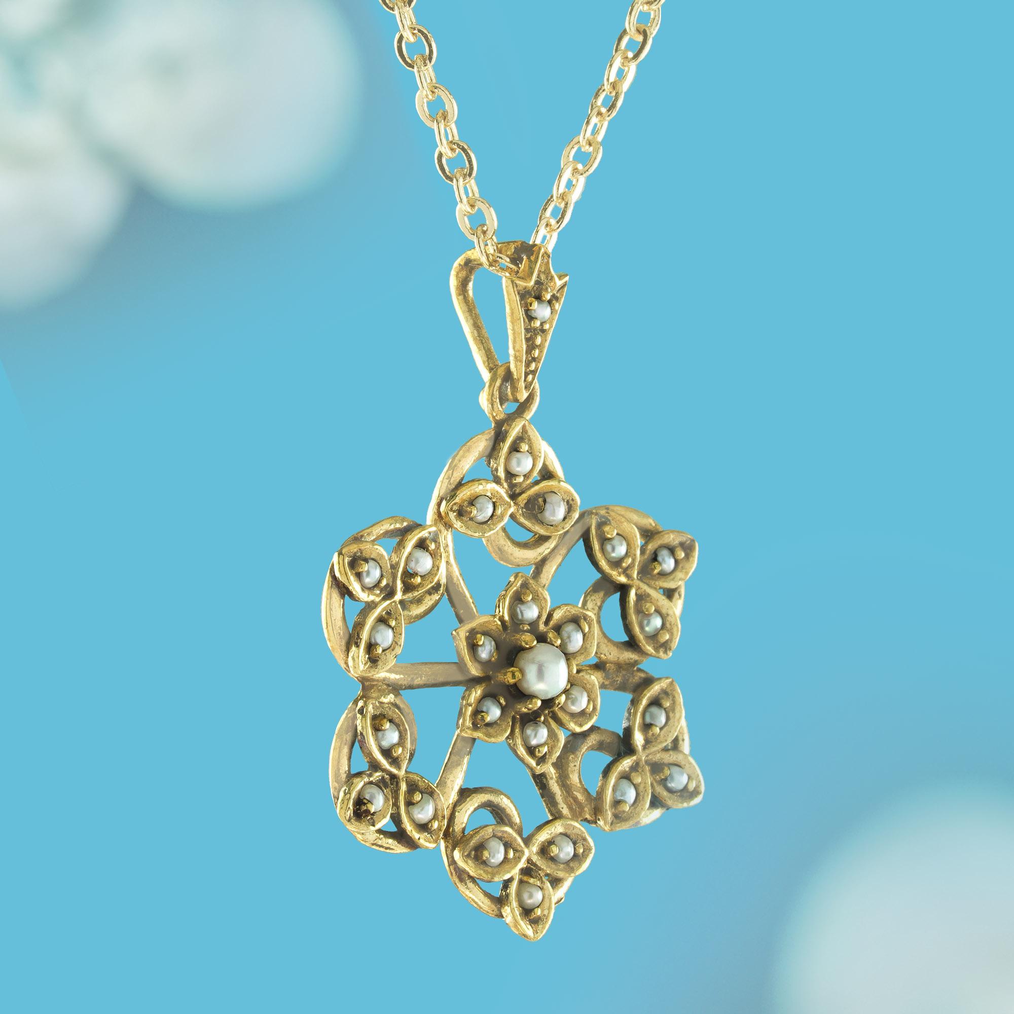 Edwardian Natural Seed Pearl Vintage Style Bloom Pendant in Solid 9K Yellow Gold  For Sale