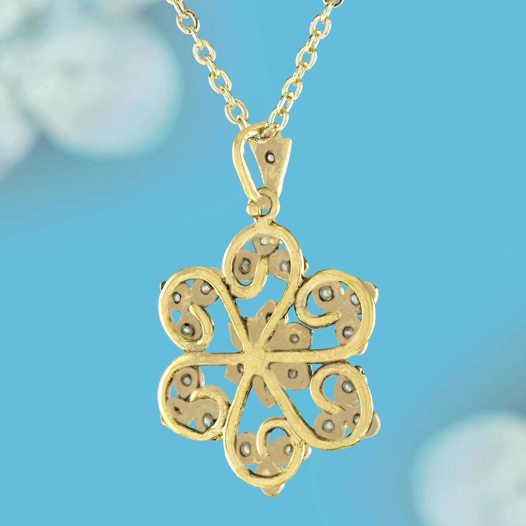 Round Cut Natural Seed Pearl Vintage Style Bloom Pendant in Solid 9K Yellow Gold  For Sale
