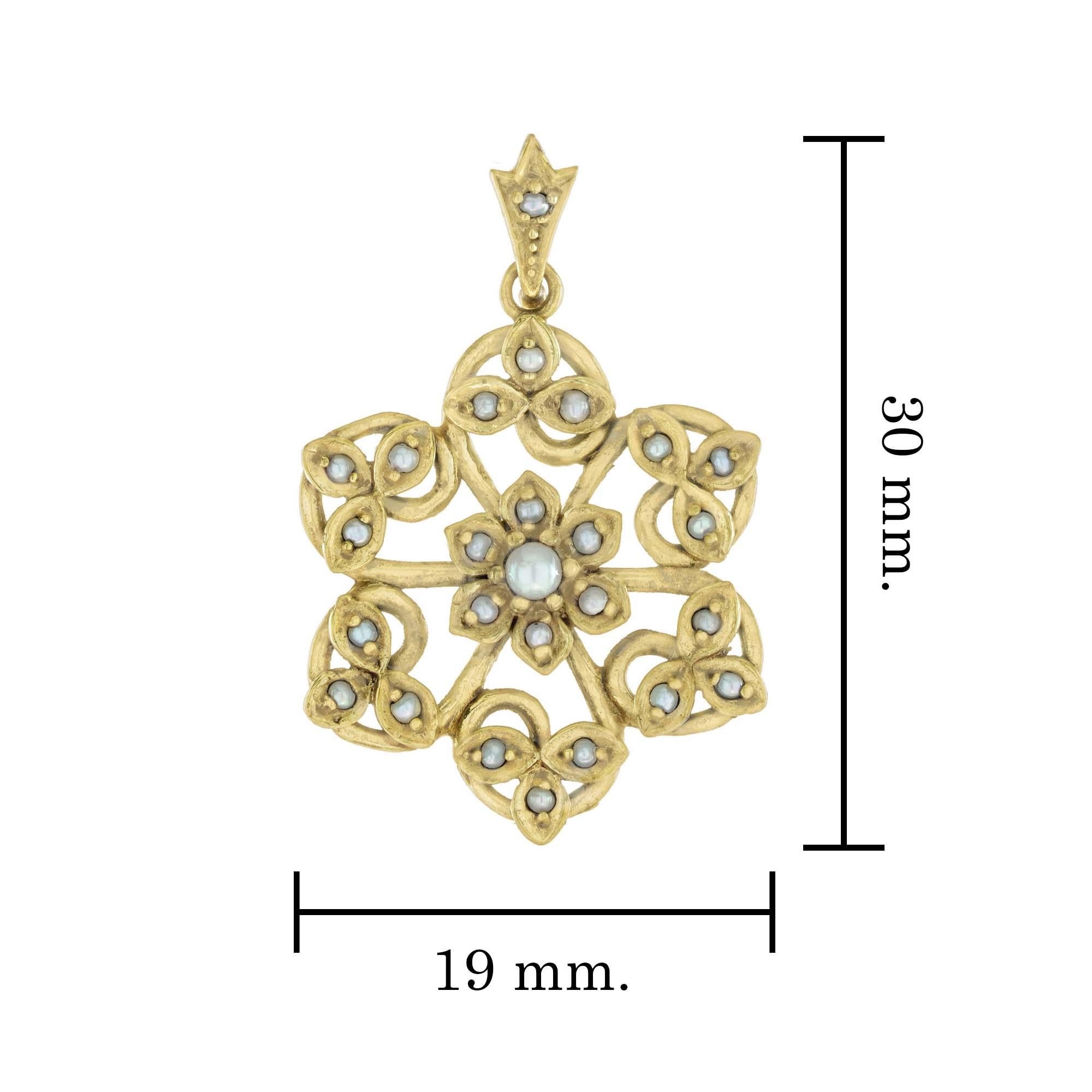 Natural Seed Pearl Vintage Style Bloom Pendant in Solid 9K Yellow Gold  In New Condition For Sale In Bangkok, TH