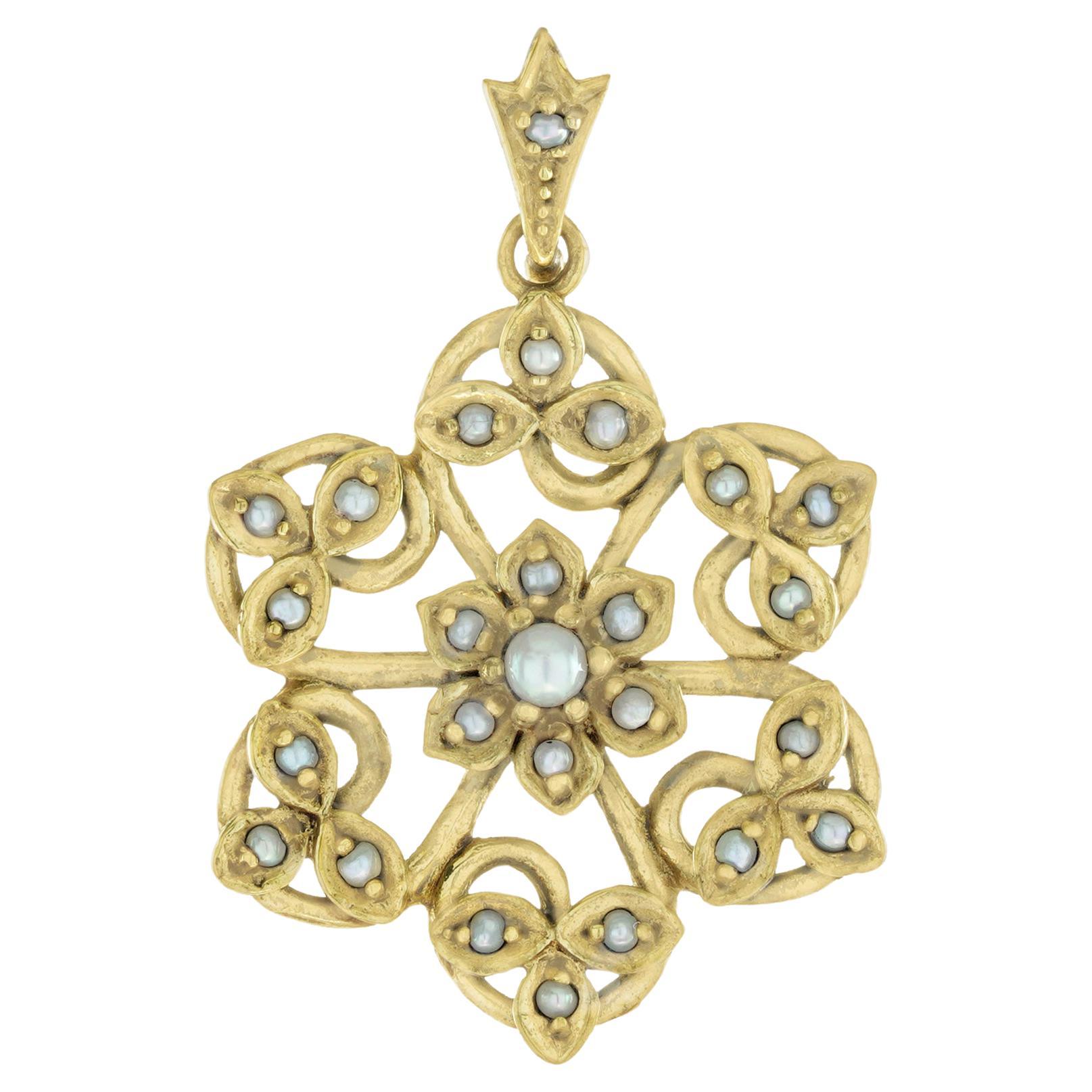 Natural Seed Pearl Vintage Style Bloom Pendant in Solid 9K Yellow Gold  For Sale