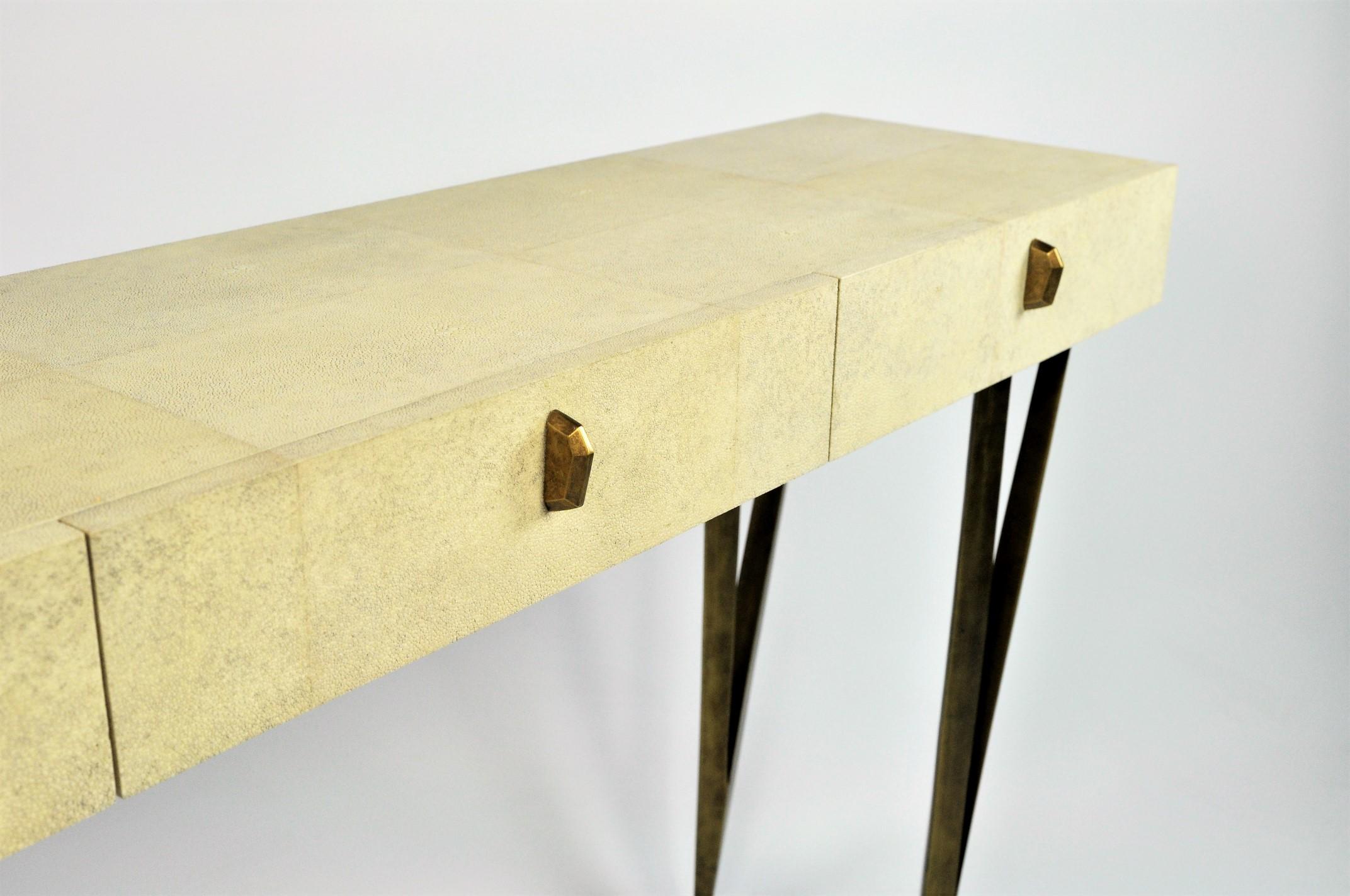 French Natural Shagreen Console Table REEF with Old Brass Patina Legs by Ginger Brown For Sale