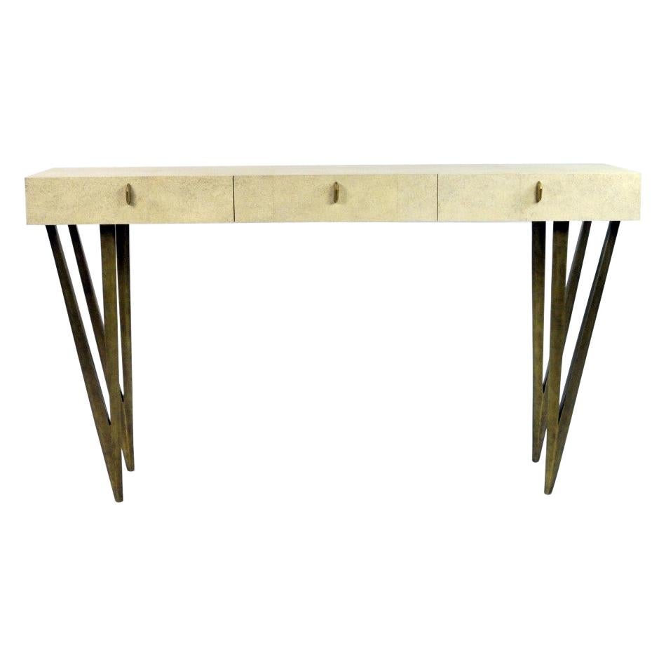 Natural Shagreen Console Table REEF with Old Brass Patina Legs by Ginger Brown For Sale