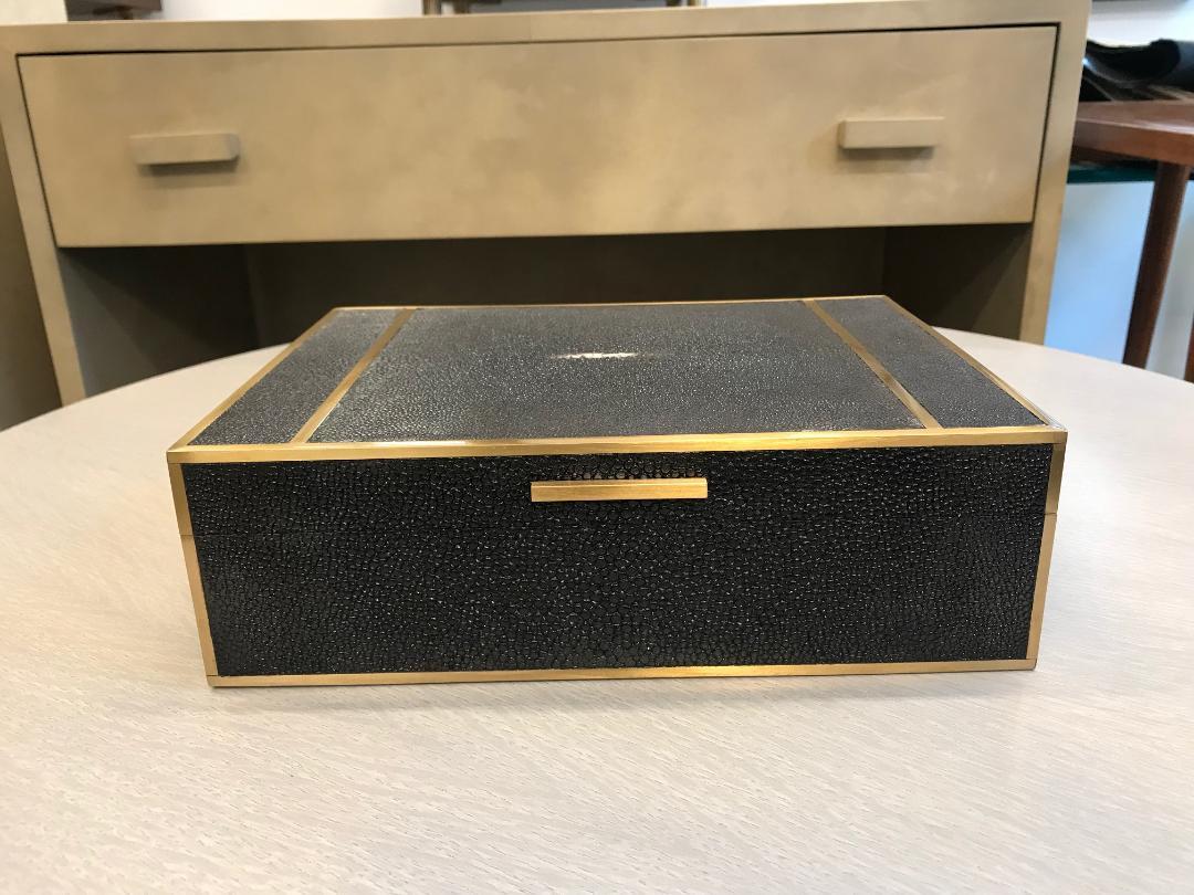 Black shagreen and brass inlay box with wenge wood interior.