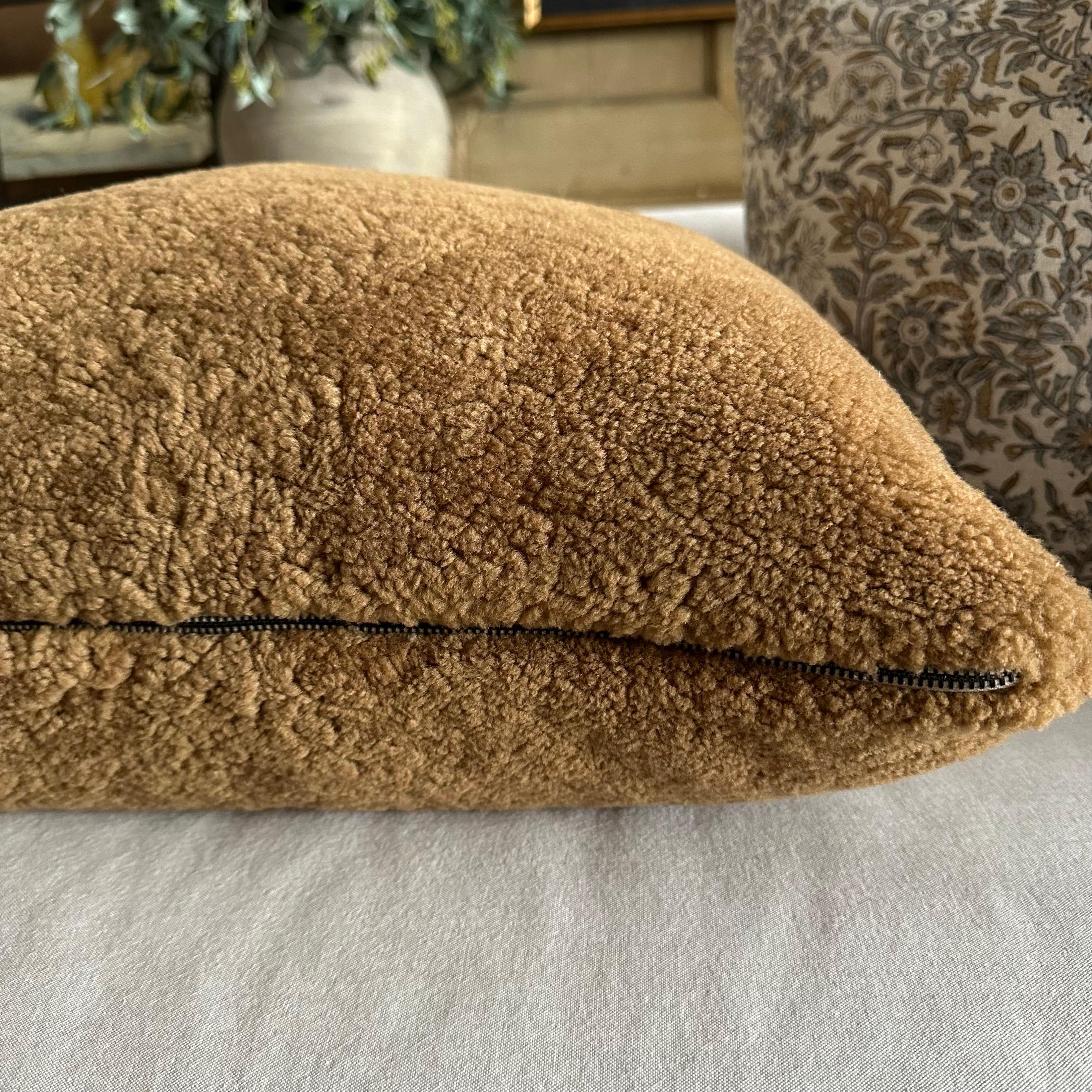 Contemporary Natural Shearling Lumbar Pillow in Cappuccino Color with Brass Zipper For Sale
