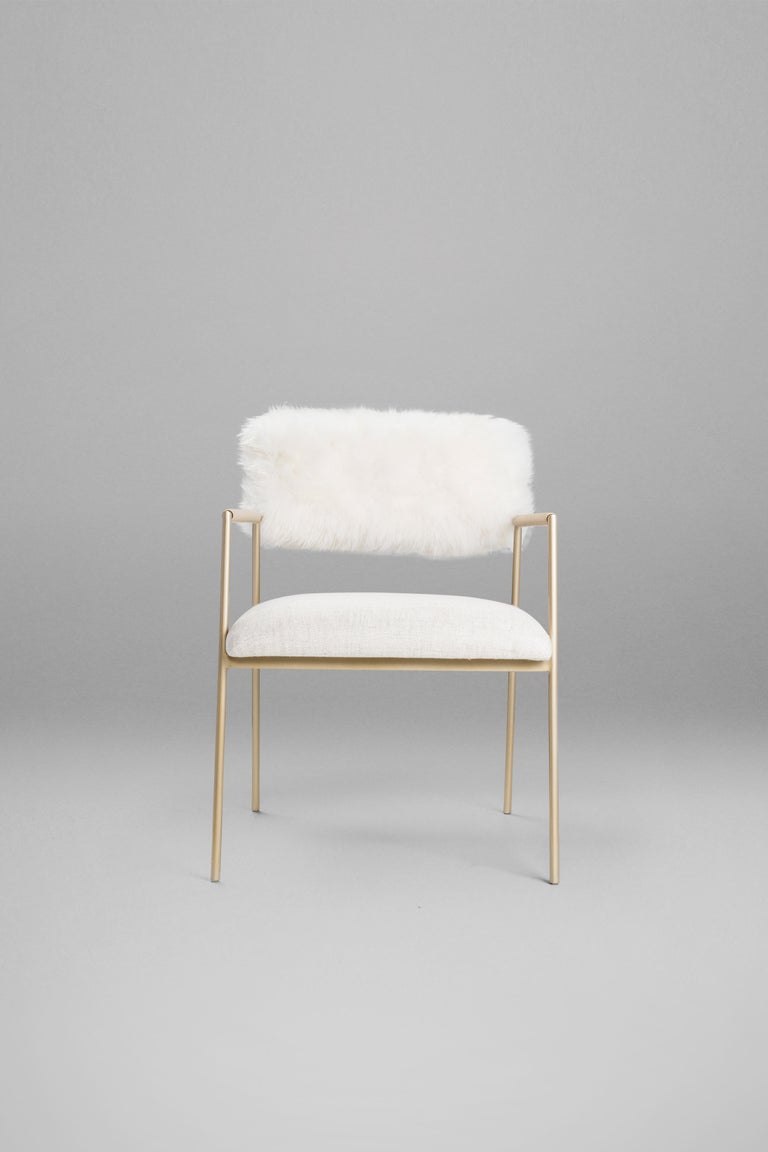 Brazilian Natural Sheepskin Backrest, Golden Legs, Apollo Dining Chair with Armrest For Sale