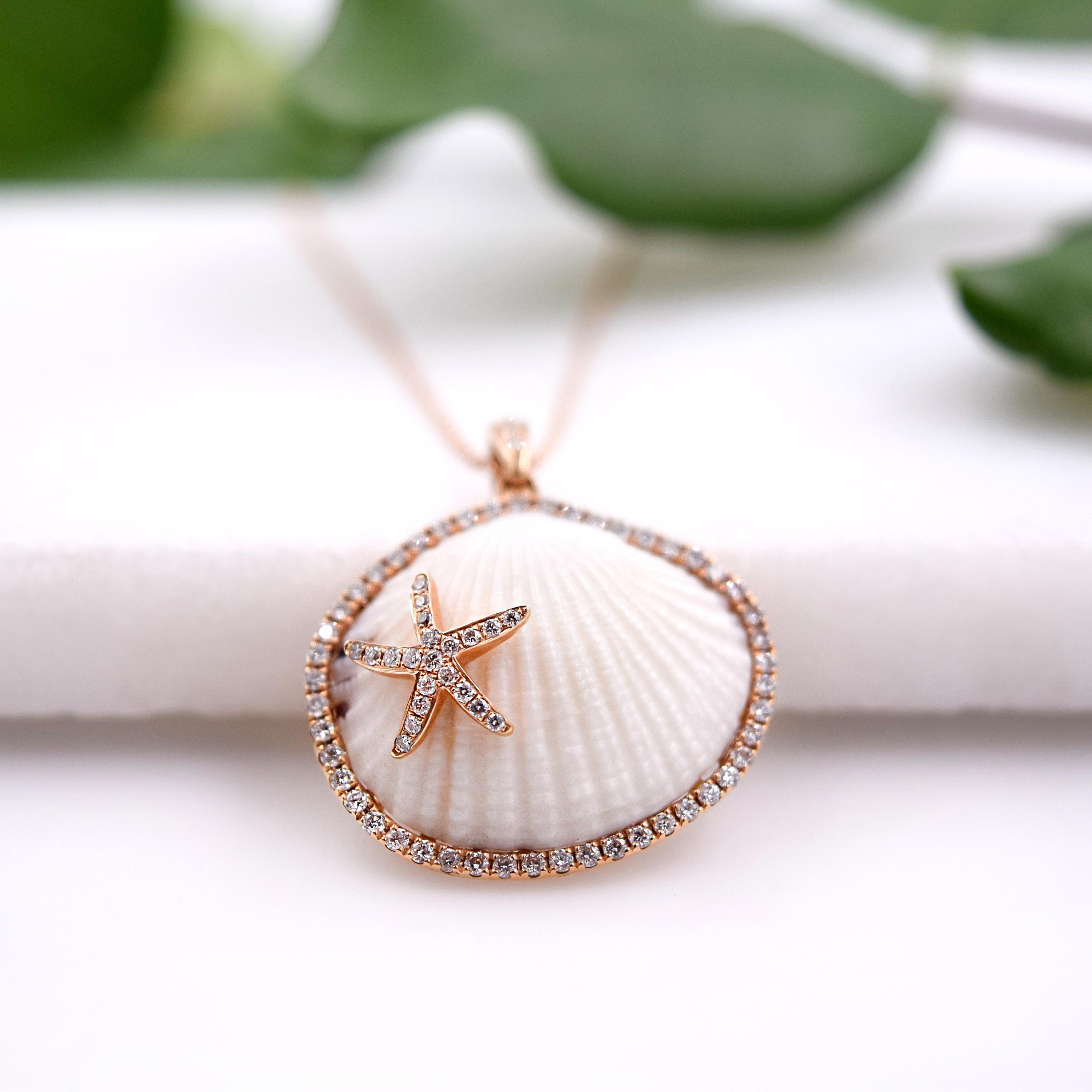 Round Cut Natural Shell and 0.43 Carat Diamond Pendant Necklace in 18 Karat Rose Gold For Sale