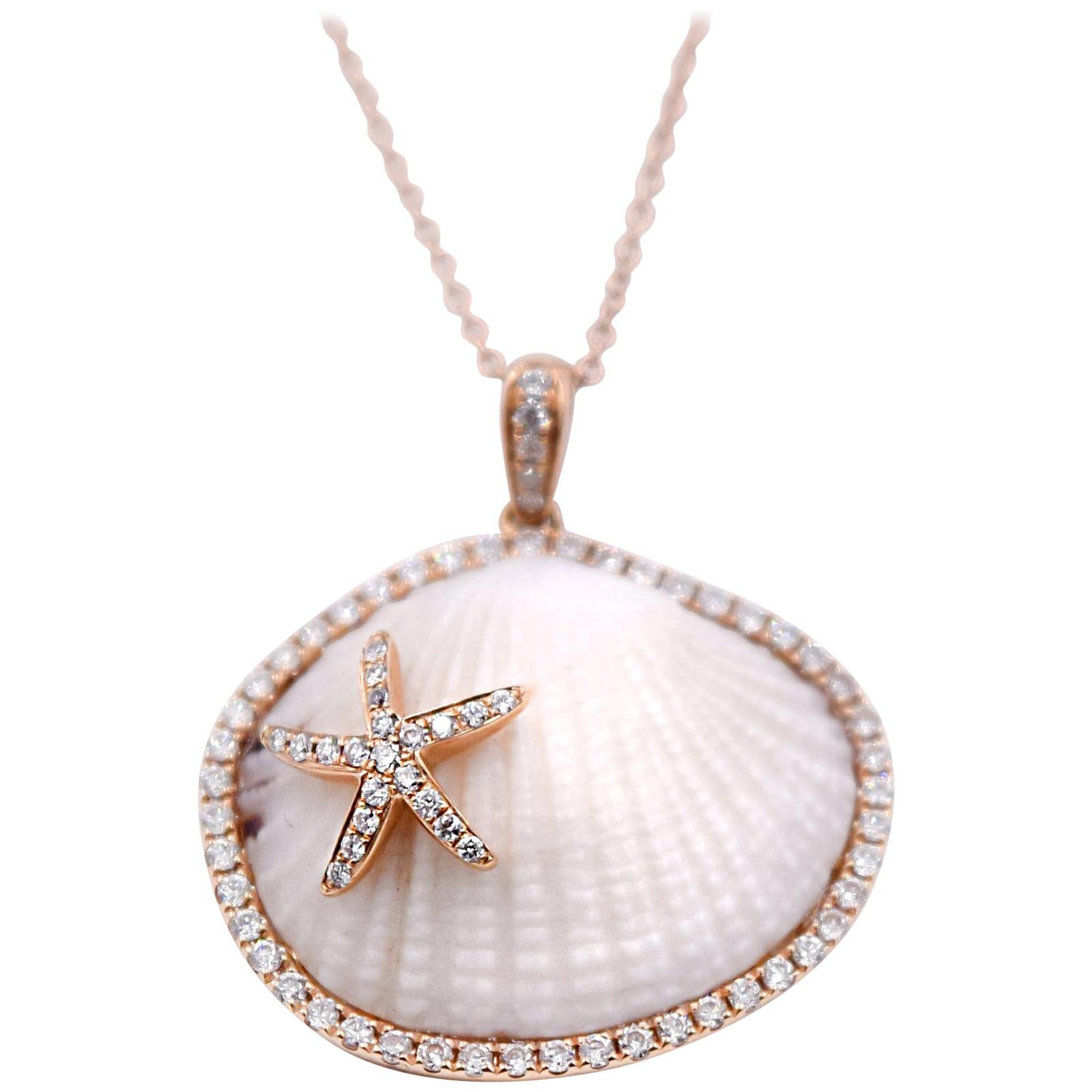 Natural Shell and 0.43 Carat Diamond Pendant Necklace in 18 Karat Rose Gold For Sale