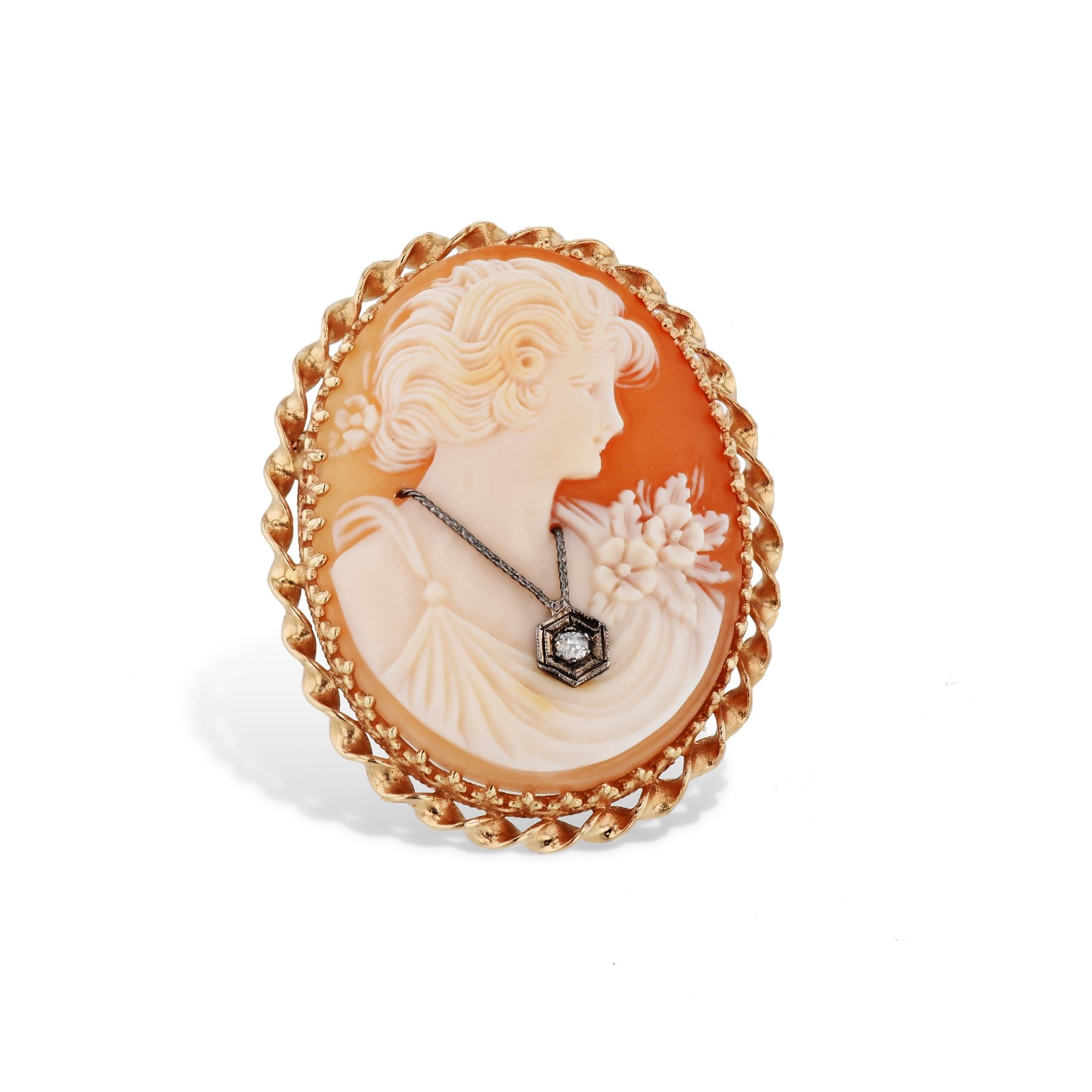 Round Cut Natural Shell Cameo Diamond Yellow Gold Estate Pin For Sale