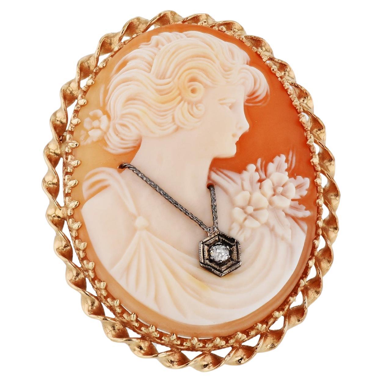 Natural Shell Cameo Diamond Yellow Gold Estate Pin For Sale