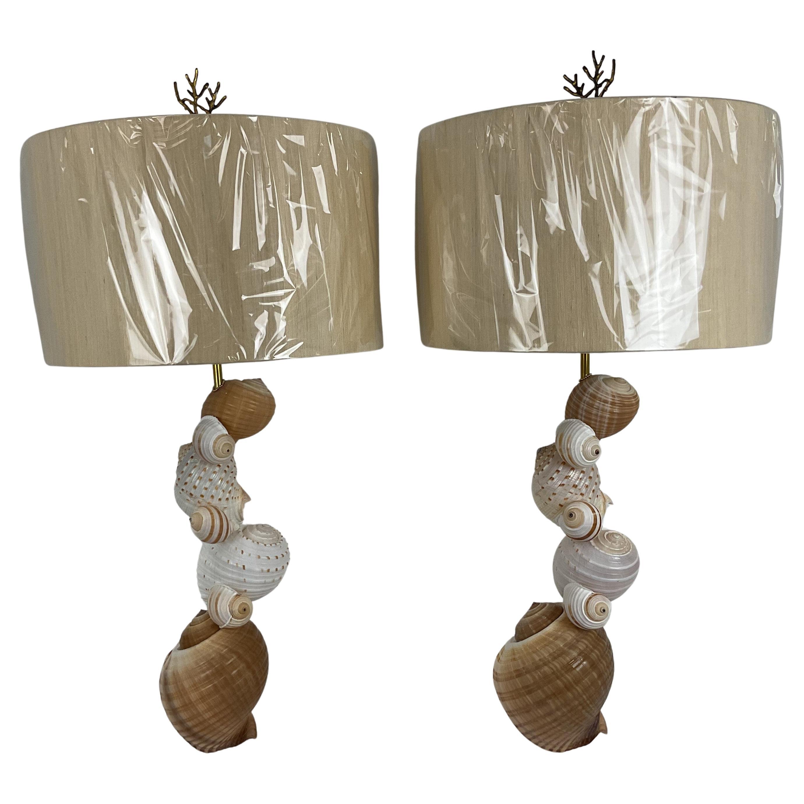 Natural Shell Lamps on Lucite Bases with Shades and Finials