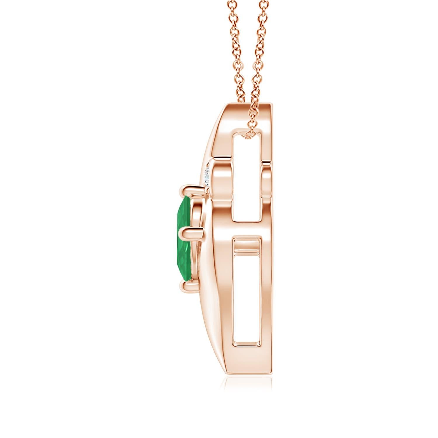 Questo splendido ciondolo presenta una seducente cornice a forma di conchiglia che racchiude uno smeraldo verde intenso. Gli scintillanti accenti di diamanti rotondi aggiungono al fascino complessivo del design. Questo pendente ovale con smeraldo e