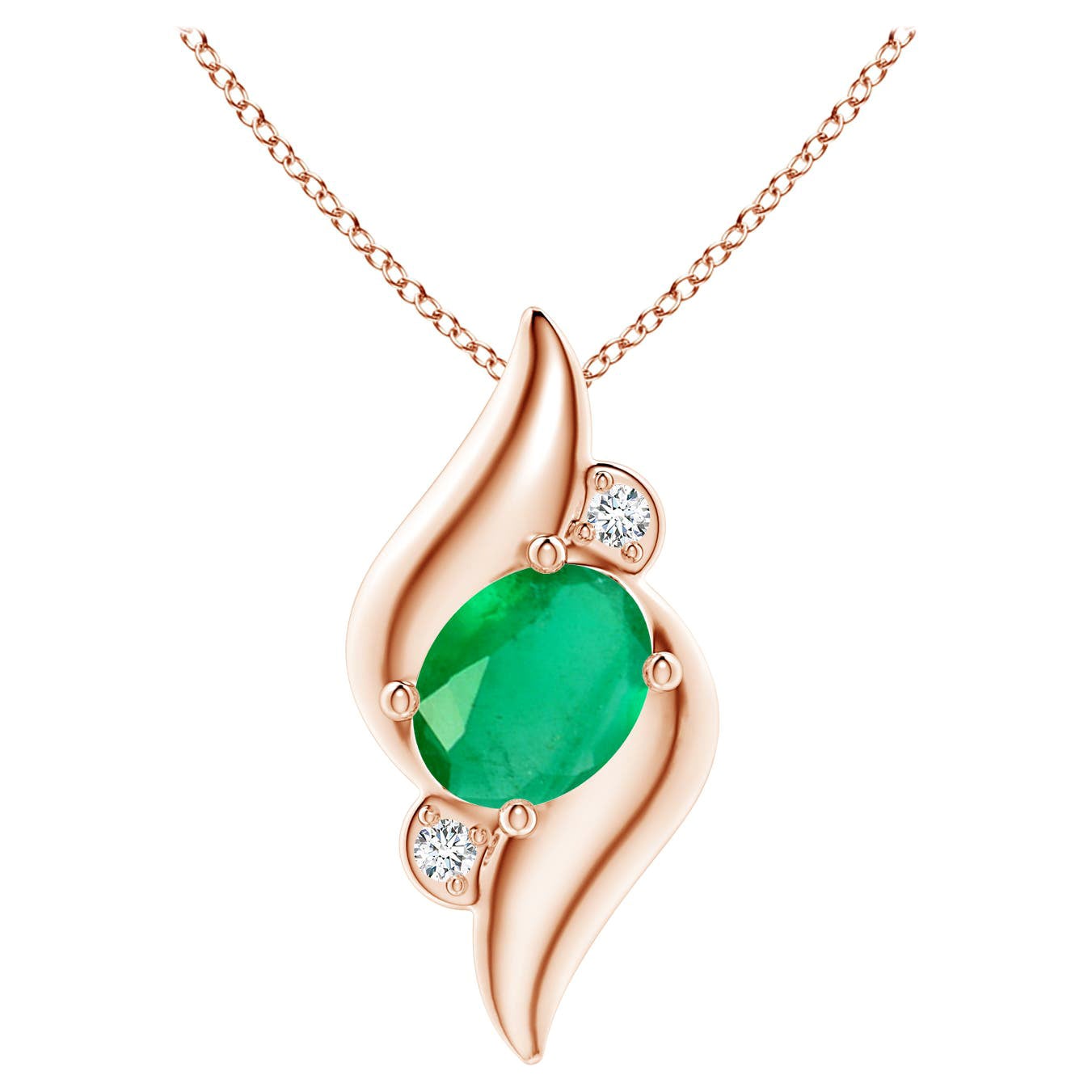 Natural Shell Style Oval 1.1 ct Emerald and Diamond Pendant in 14K Rose Gold