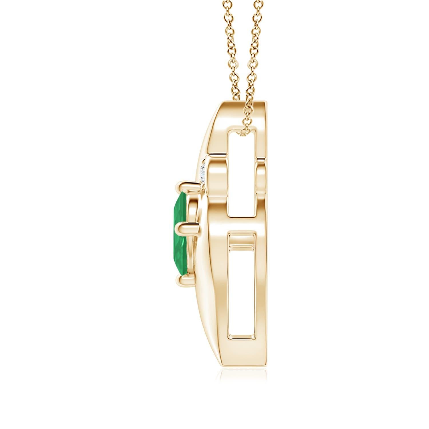 This gorgeous pendant features an alluring conch-like frame that holds a lush green emerald. Sparkling round diamond accents add to the overall allure of the design. This oval emerald and diamond pendant is designed in enduring 14k yellow gold.