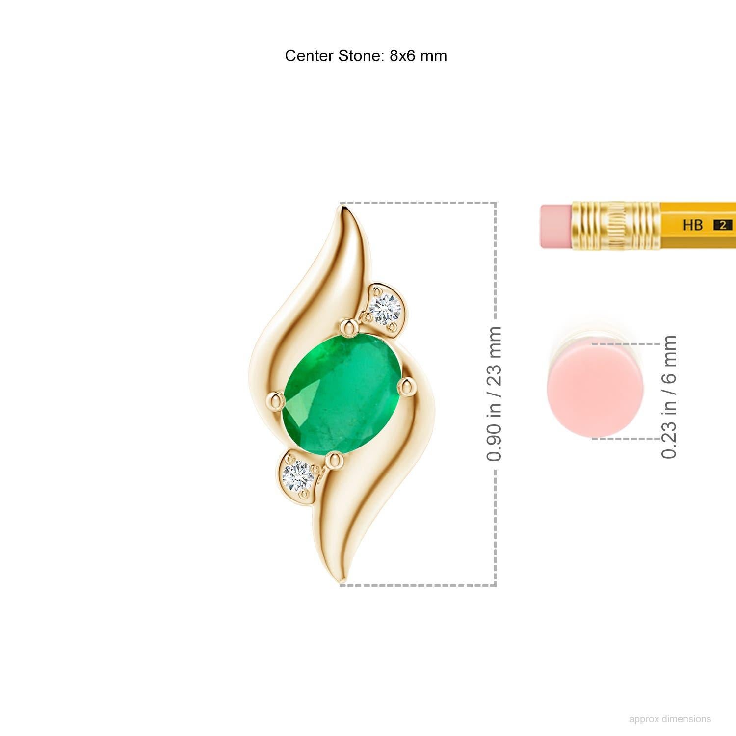 Modern Natural Shell Style Oval 1.1 ct Emerald and Diamond Pendant in 14K Yellow Gold For Sale