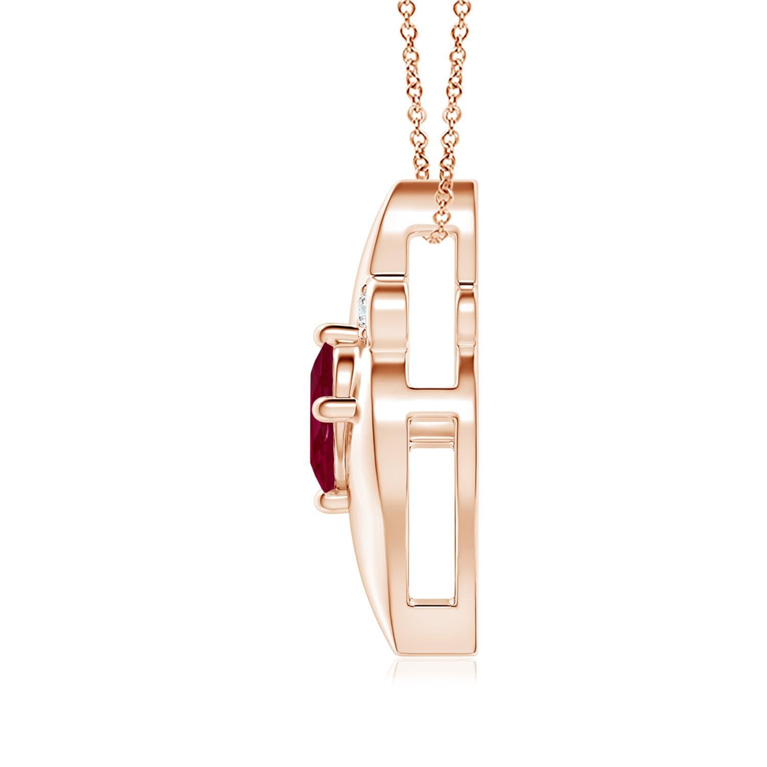Este precioso colgante solitario de rubí presenta un atractivo marco en forma de concha en cuyo interior se encuentra un rubí rojo violáceo engastado. Los brillantes detalles de diamantes redondos aumentan el encanto general del diseño. Este