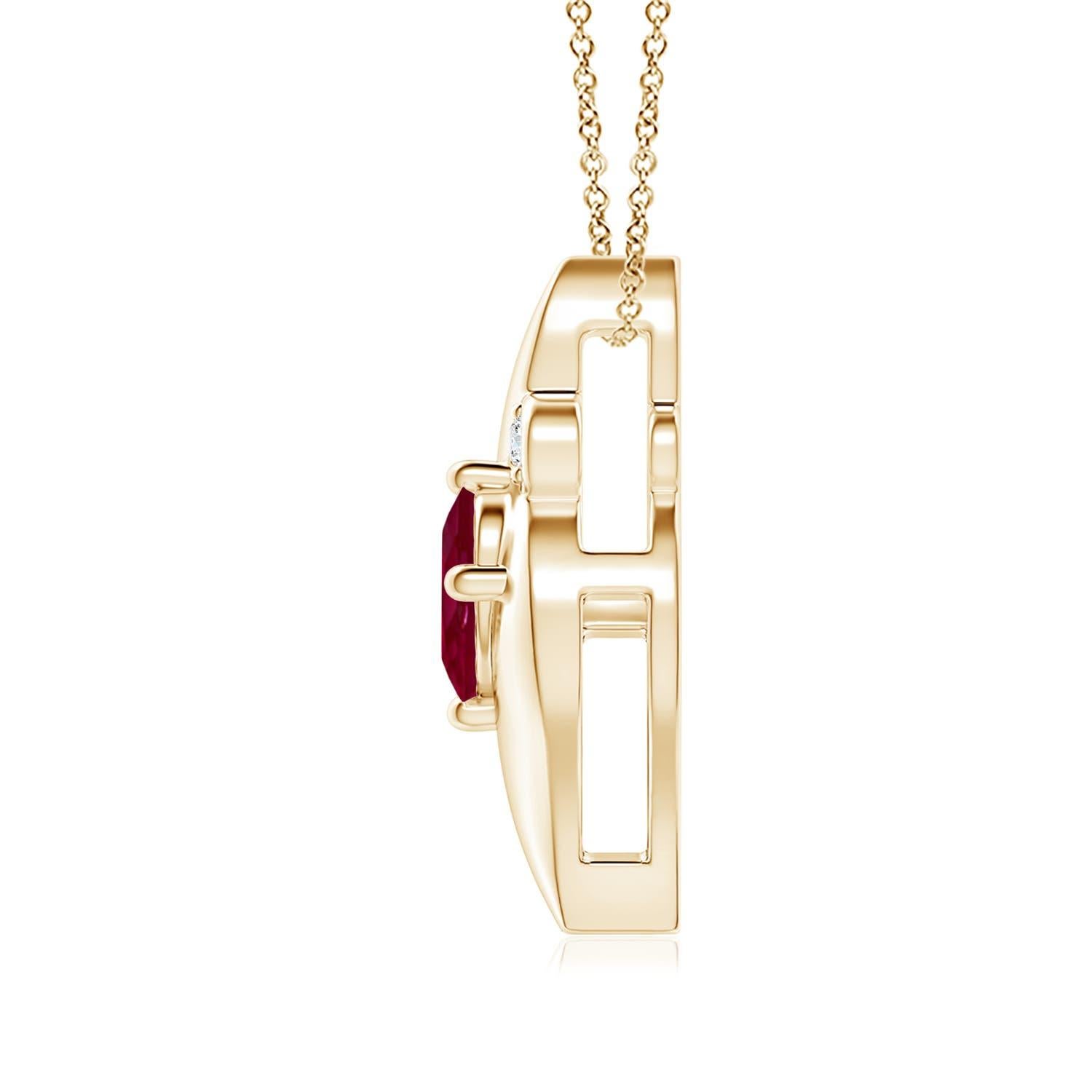 Ce magnifique pendentif solitaire en rubis présente un cadre attrayant en forme de conque à l'intérieur duquel se trouve un rubis rouge violacé serti. Des diamants ronds étincelants ajoutent à l'allure générale du modèle. Ce pendentif ovale incliné